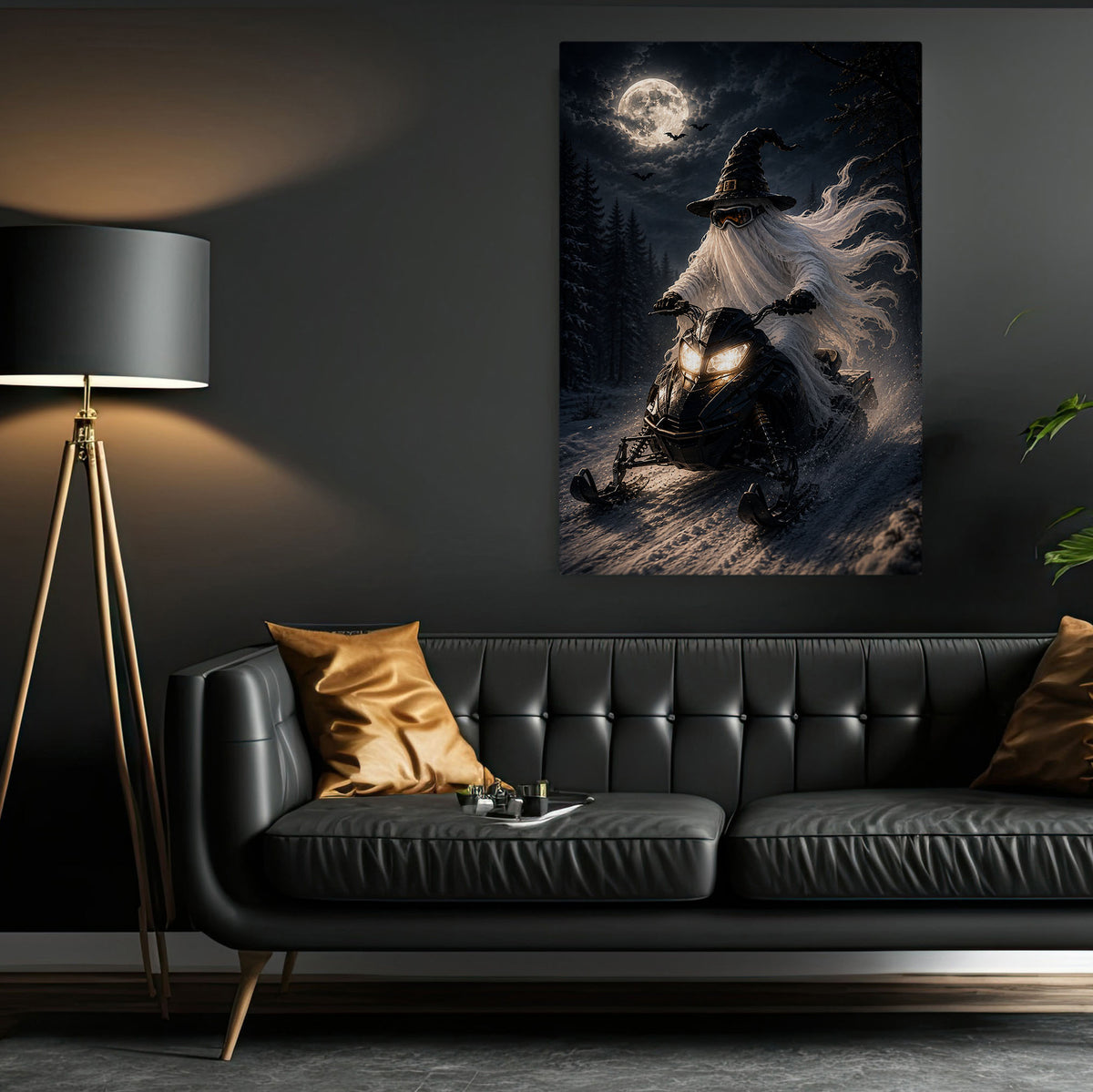 Halloween Snowmobile Ghost Canvas Painting, Midnight Ride Through the Haunted Snow Wall Art Decor, Spooky Season Poster Gift For Snowmobiling Lover