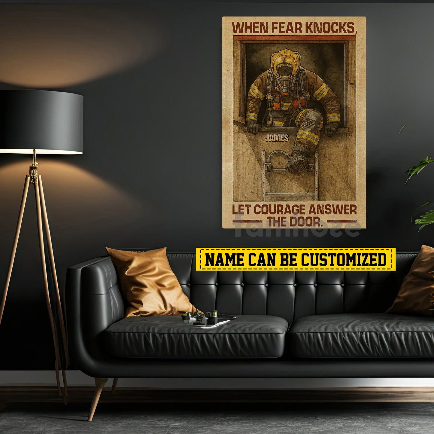 Motivational Personalized Firefighter Canvas Painting, When Fear Knocks Inspirational Quotes Wall Art Decor, Poster Gift For Firefighter Lovers
