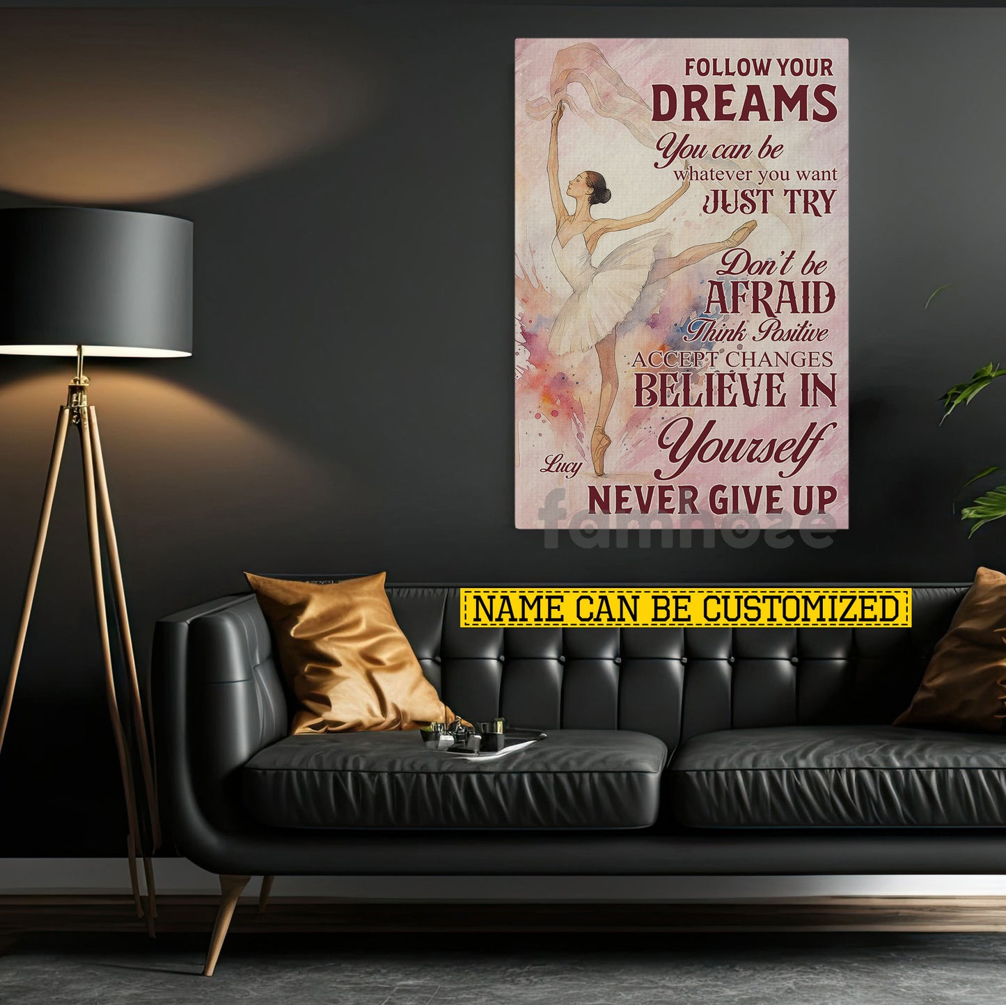Motivational Personalized Ballet Girl Canvas Painting, Follow Your Dreams Just Try Never Give Up Sports Wall Art Decor, Poster Gift For Ballet Lovers