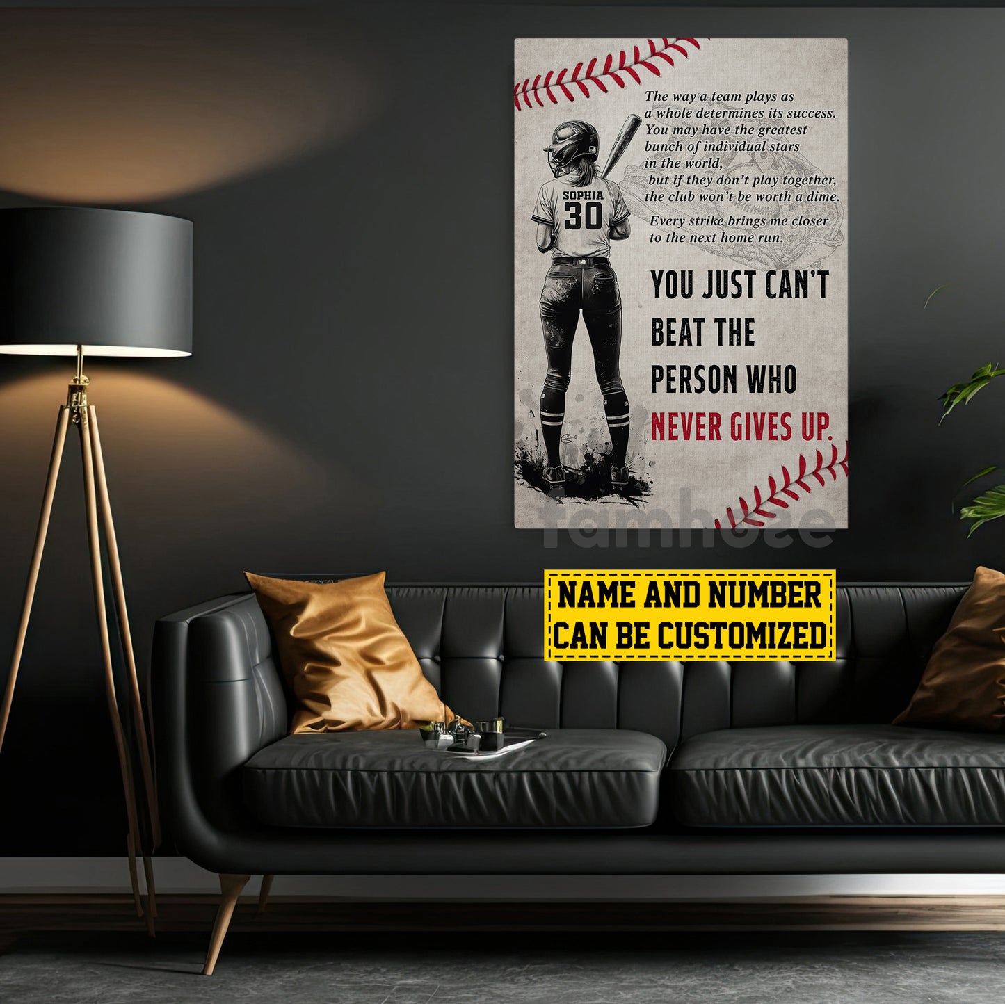 Personalized Softball Girl Canvas Painting, You Just Can't Beat The Person Who Never Gives Up Sport Wall Art Decor, Poster Gift For Softball Lovers