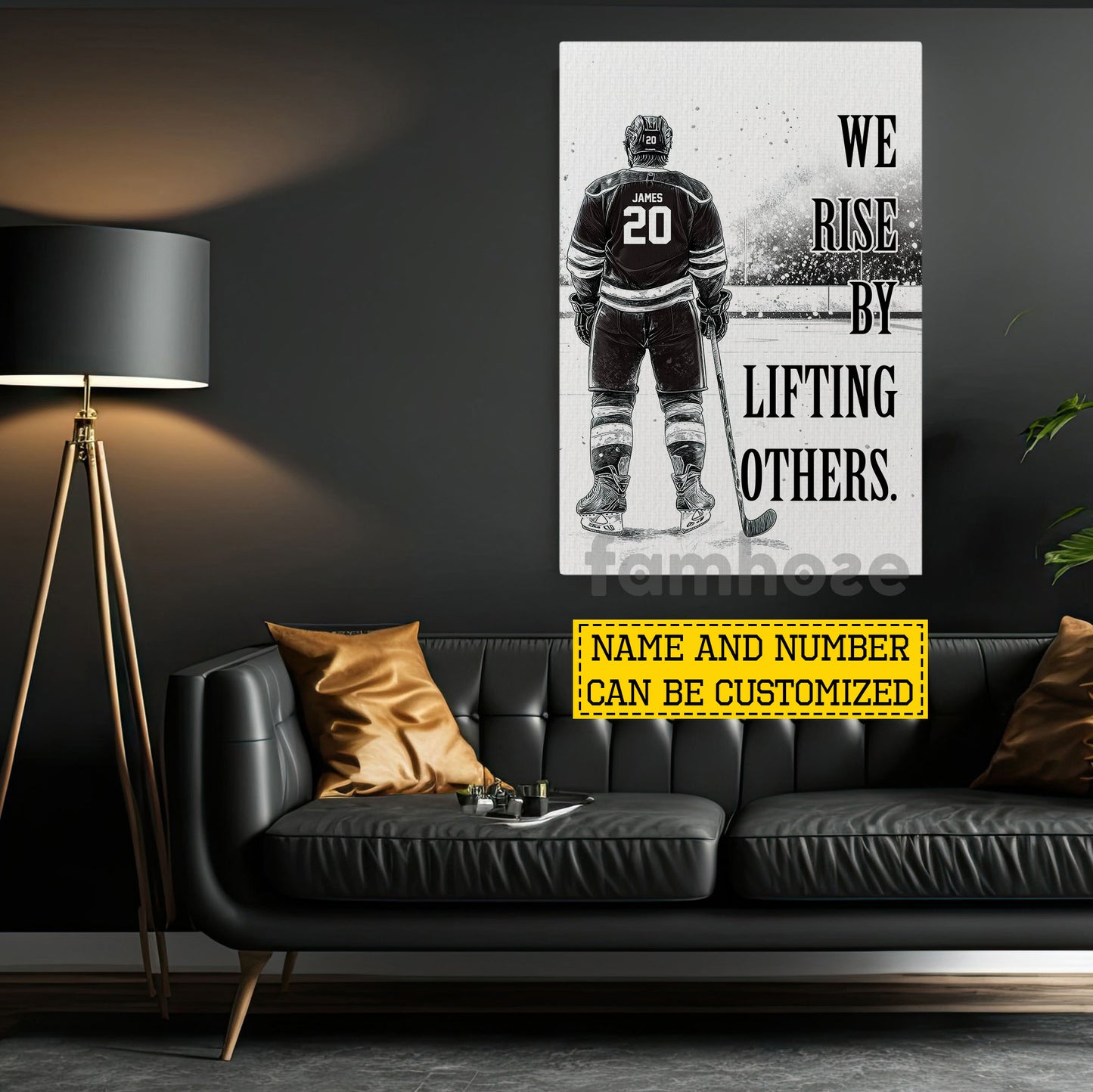 Personalized Hockey Man Canvas Painting, We Rise By Lifting Others Sport Wall Art Decor, Poster Gift For Hockey Lover
