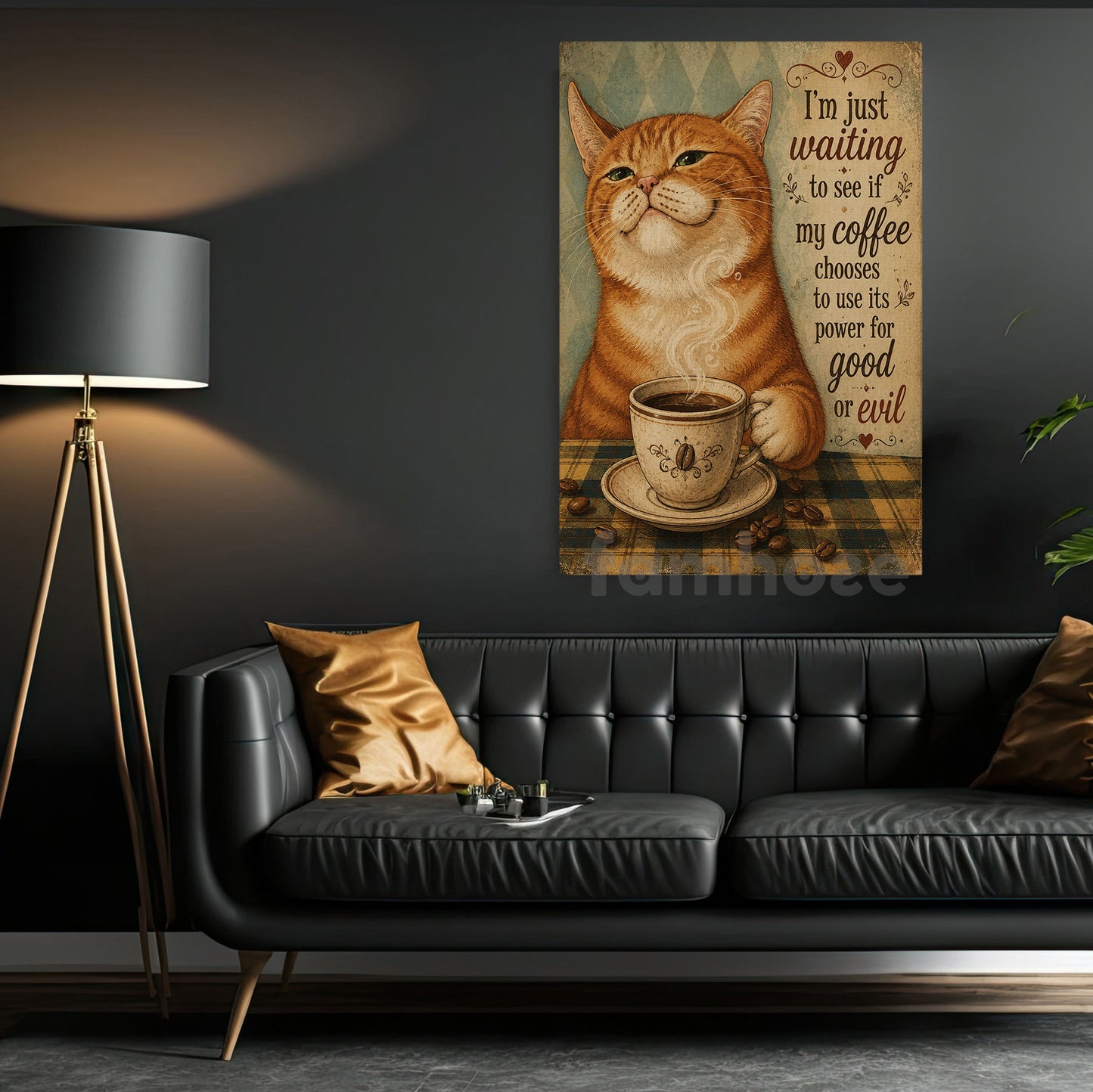 Funny Coffee Cat Canvas Painting, I'm Just Waiting To See Wall Art Decor, Poster Gift For Cat Lovers, Coffee Lovers