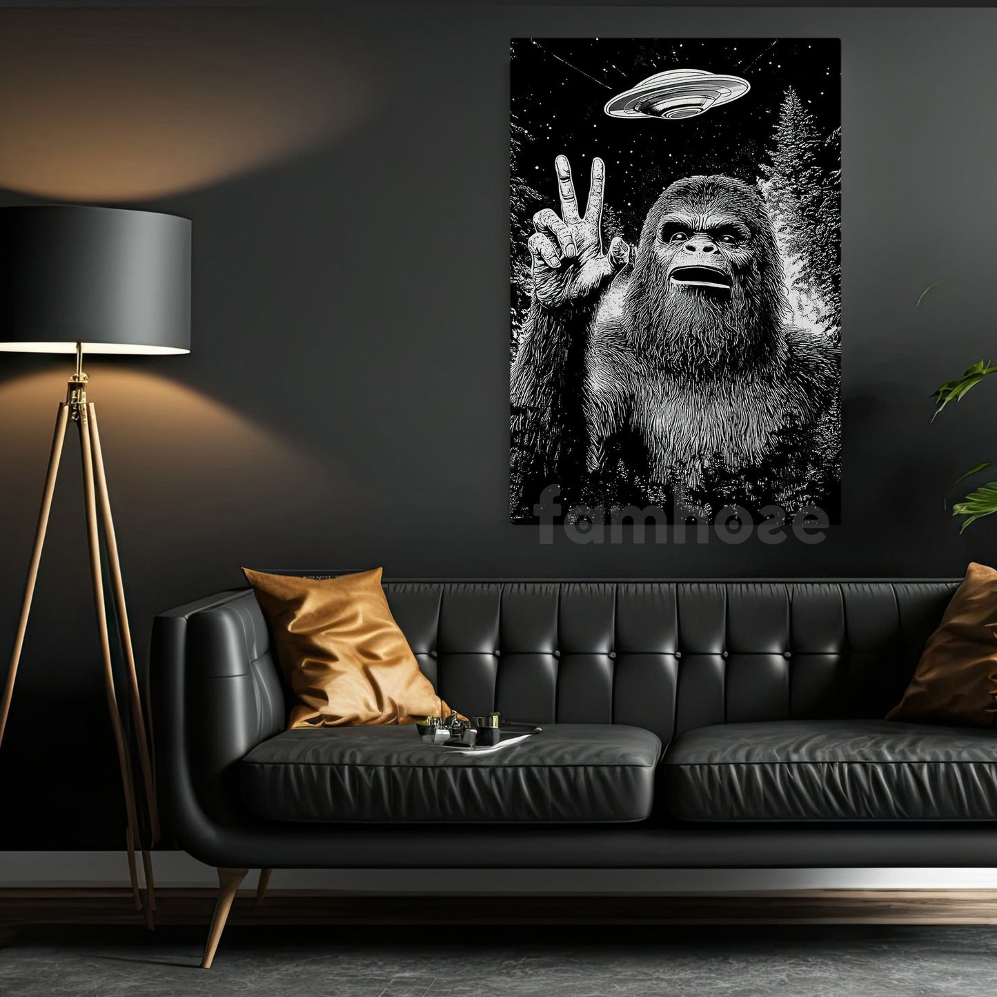 Funny Bigfoot UFO Illustration Canvas Painting, Sasquatch Alien Encounter Wall Art Decor, Poster Gift For Bigfoot Lover