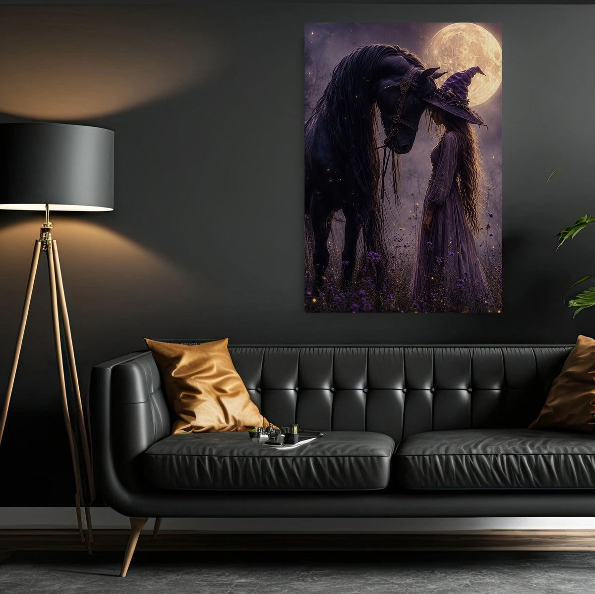 Halloween Witch And Black Horse Canvas Painting, Where Magic Meets The Wild Wall Art Decor, Spooky Season Poster Gift For Horse Girls