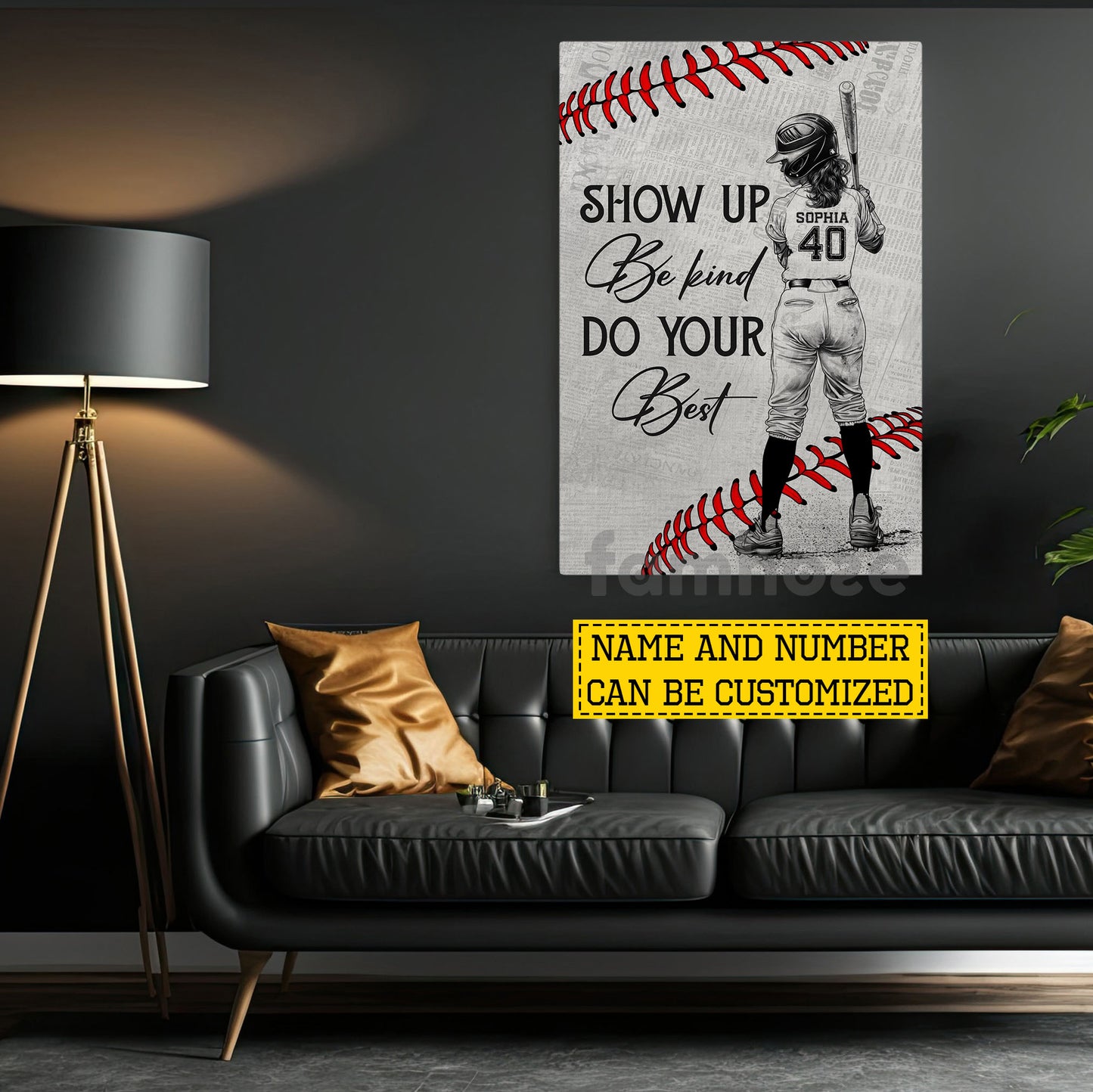 Personalized Softball Kid Girl Canvas Painting, Show Up Be Kind Do Your Best Sport Wall Art Decor, Poster Gift For Softball Lovers