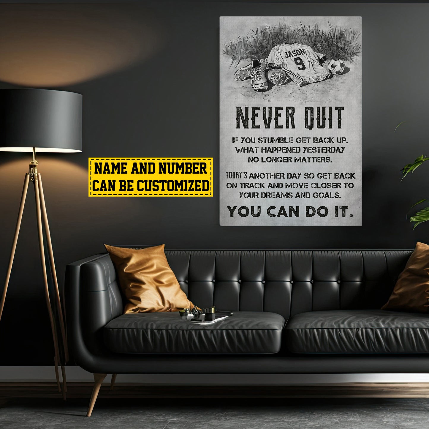 Personalized Motivational Soccer Canvas Painting, Never Quit You Can Do It, Sports Quotes Wall Art Decor, Poster Gift For Soccer Lovers, Soccer Players