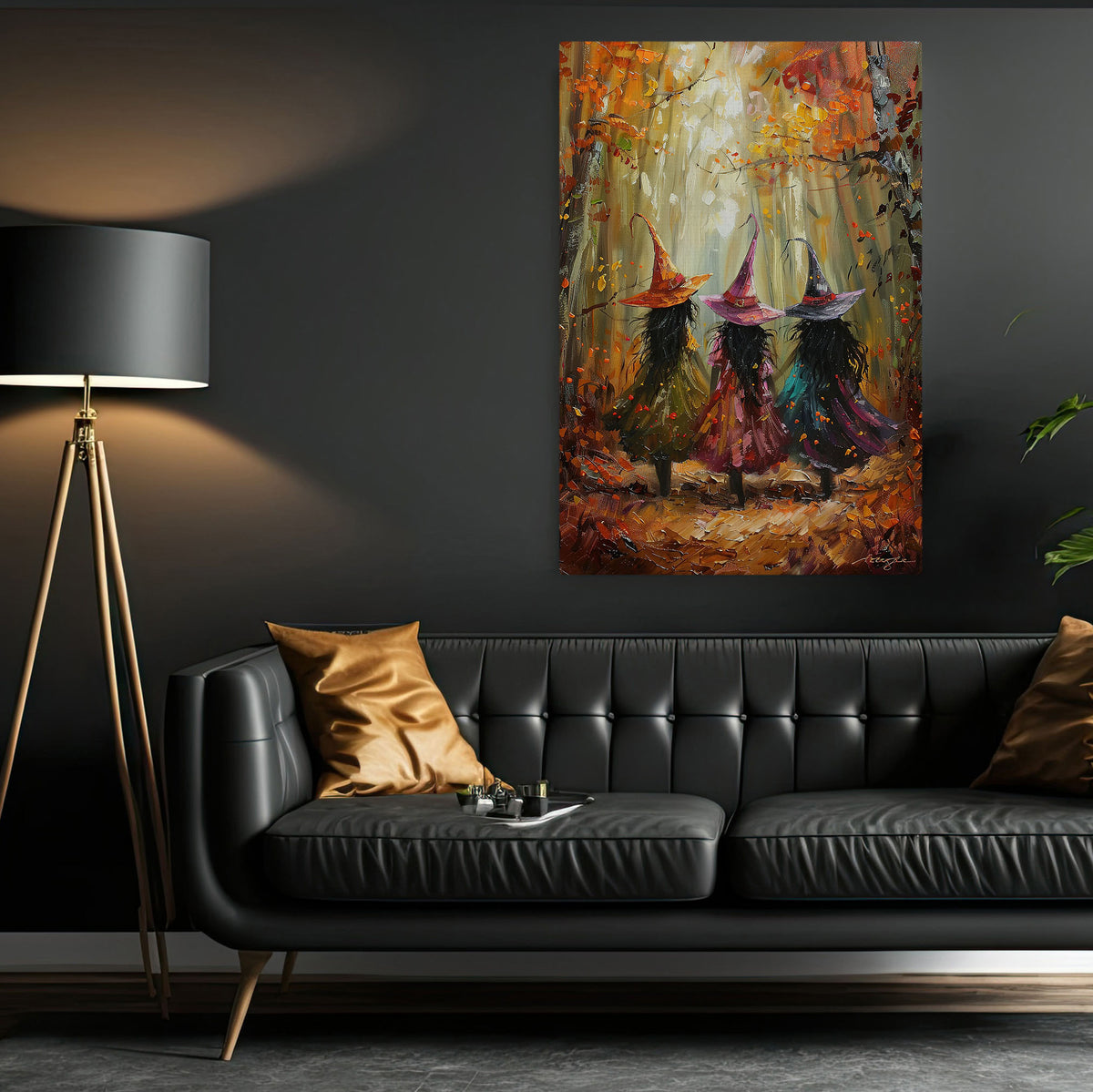 Autumn's Magical Muses, Witches Canvas Painting, Spooky Season Wall Art Decor, Halloween Poster Gift For Witch Lovers