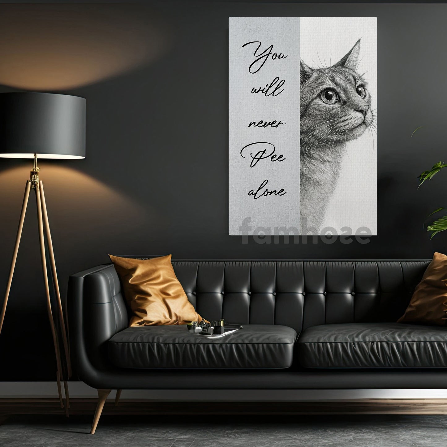 Funny Cat Toilet Canvas Painting, You Will Never Pee Alone Bathroom Wall Art Decor, Restroom Poster Gift For Cat Lovers