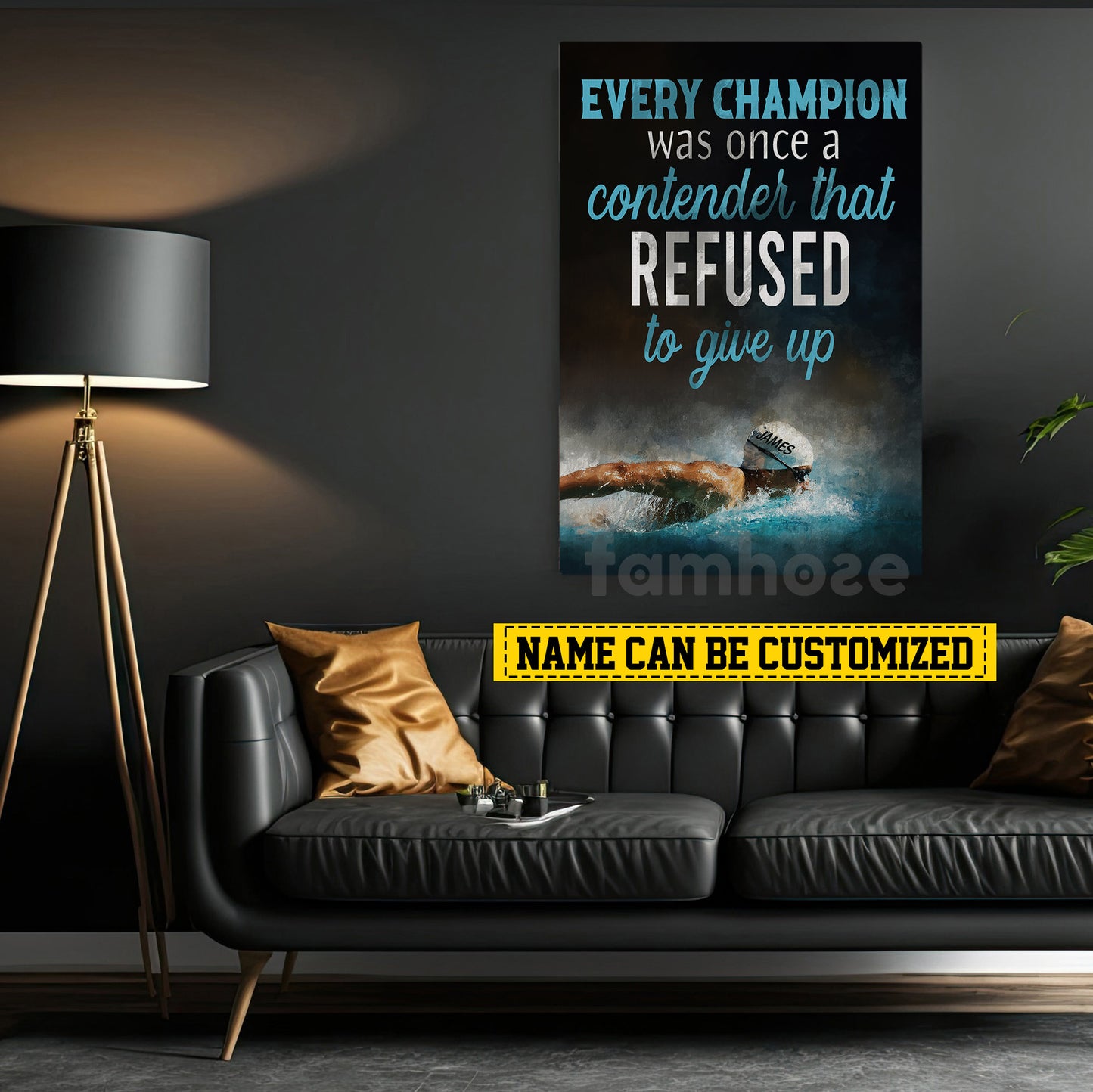 Motivational Personalized Swimming Man Canvas Painting, Every Champion Was Once A Contender Sport Wall Art Decor, Poster Gift For Swimming Lovers