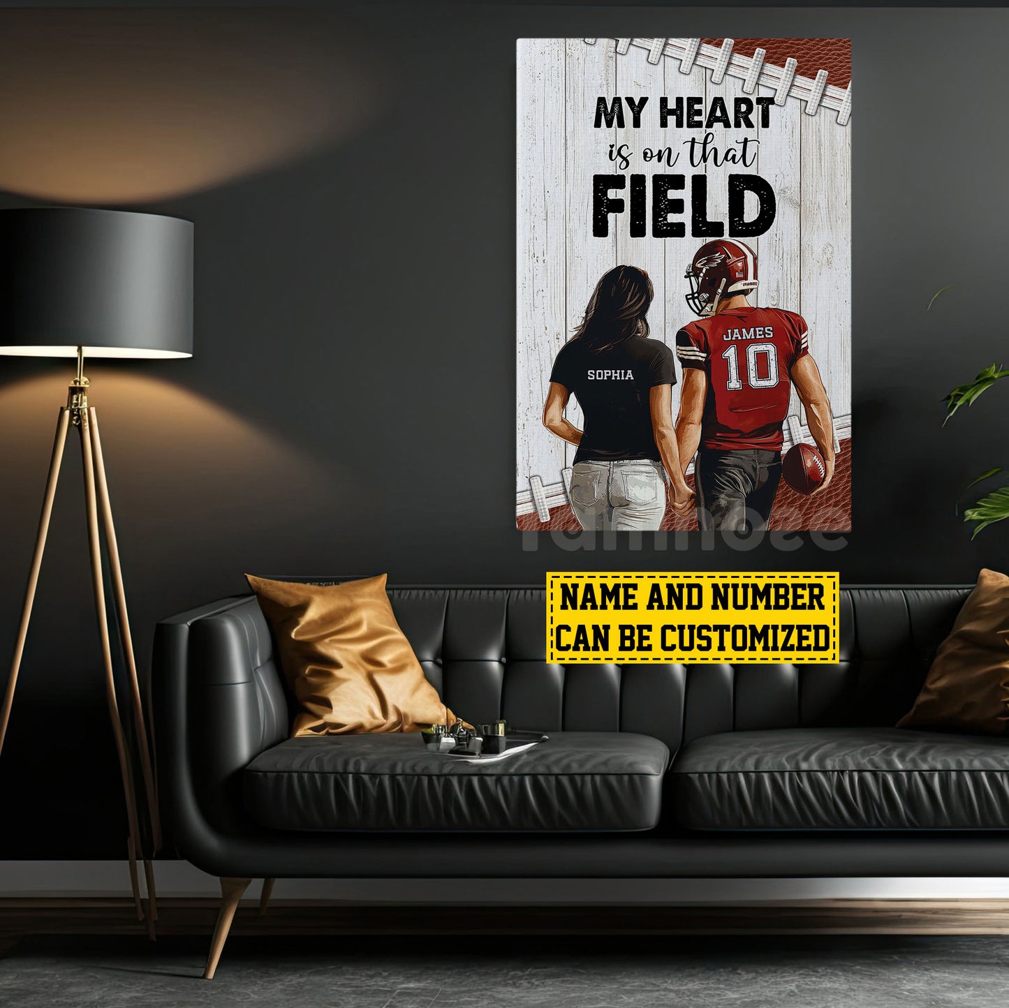 Romantic Personalized Football Couple Canvas Painting, My Heart Is On That Field Sports Wall Art Decor, Valentine's Day Poster Gift For Football-Loving Couple