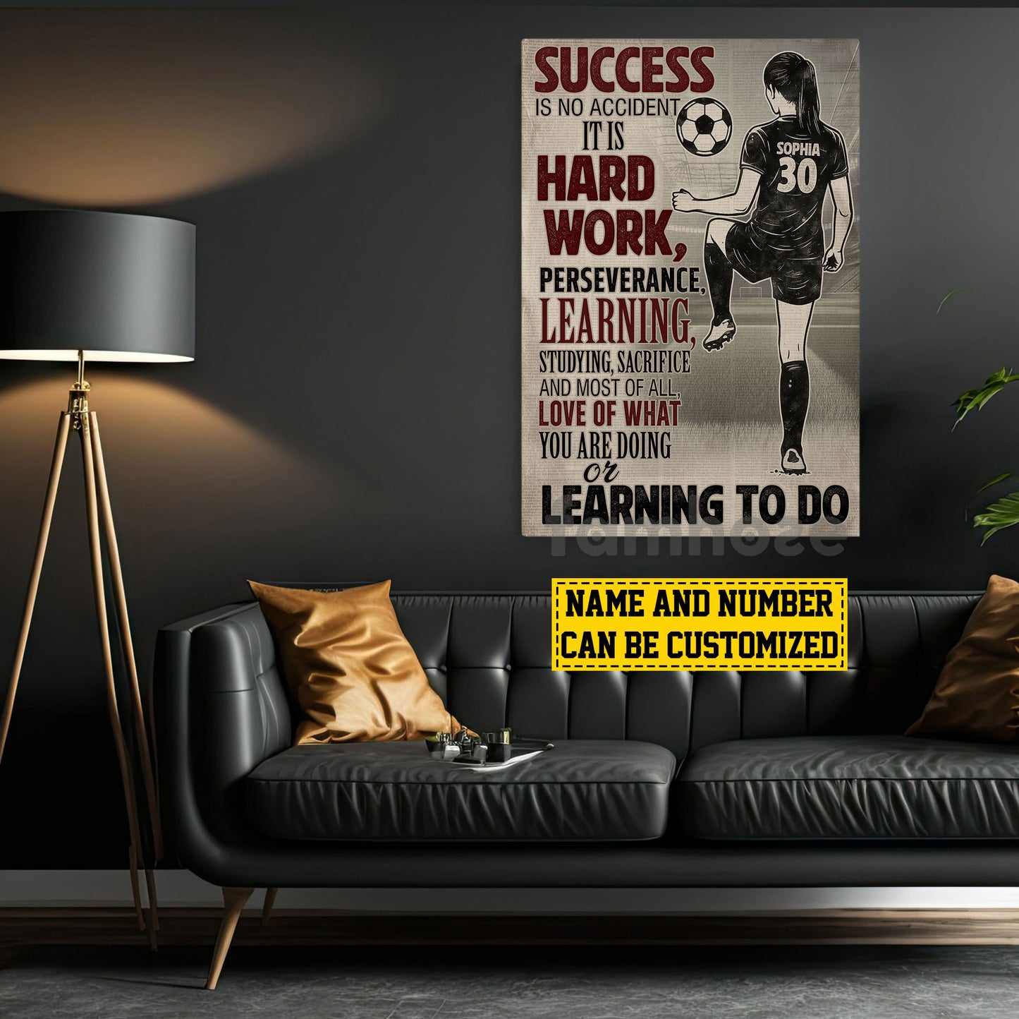 Motivational Personalized Soccer Girl Canvas Painting, Hard Work Learning To Do Wall Art Decor, Poster Gift For Soccer Lovers
