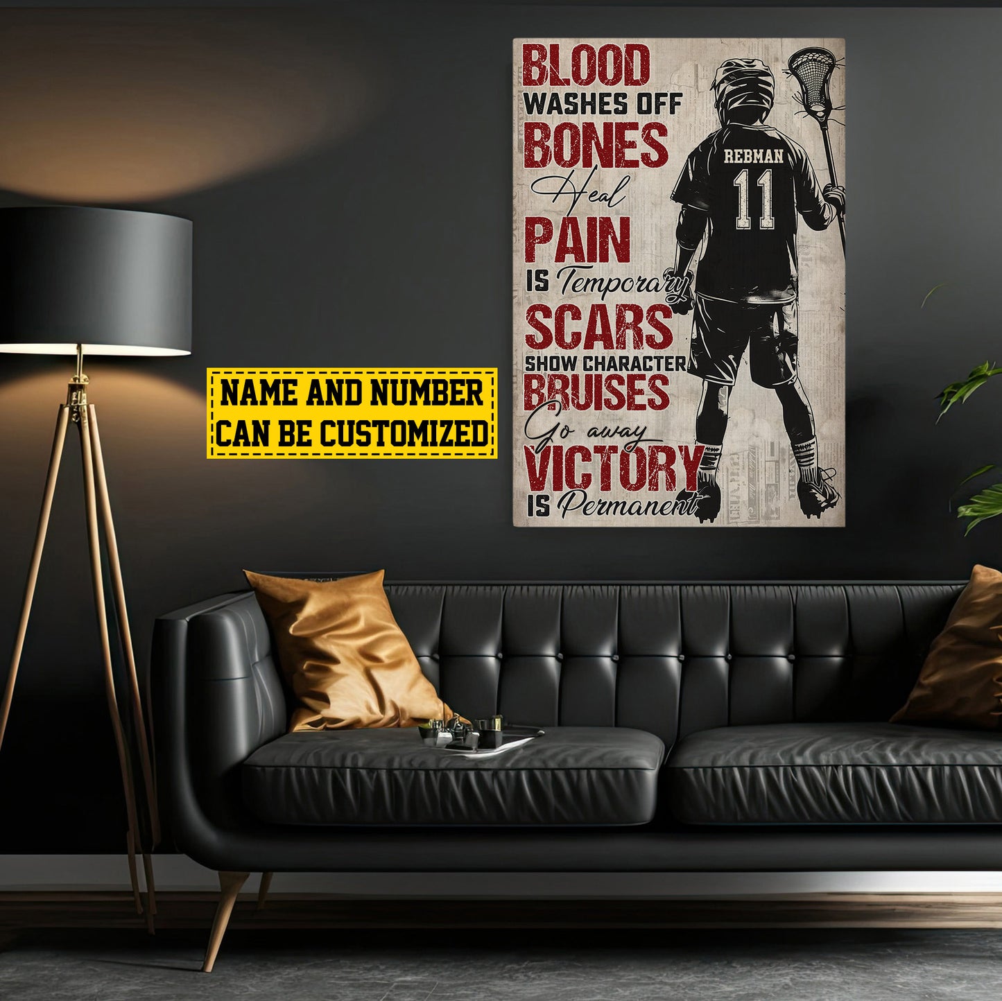 Personalized Motivational Lacrosse Canvas Painting, Blood Bones Pain Scars Victory, Sports Quotes Wall Art Decor, Poster Gift For Lacrosse Lovers, Lacrosse Boys