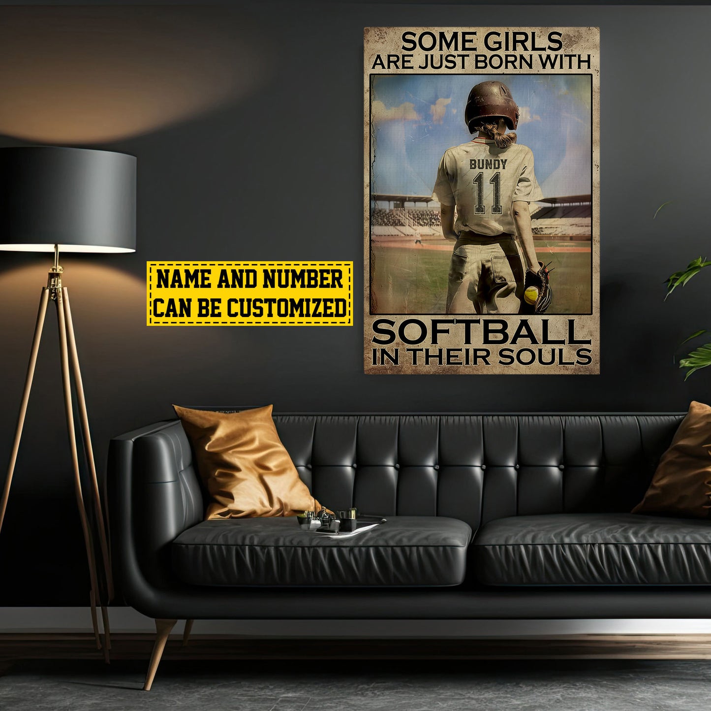 Personalized Motivational Softball Canvas Painting, Some Girls Are Just Born With Softball, Sports Quotes Wall Art Decor, Poster Gift For Softball Lovers