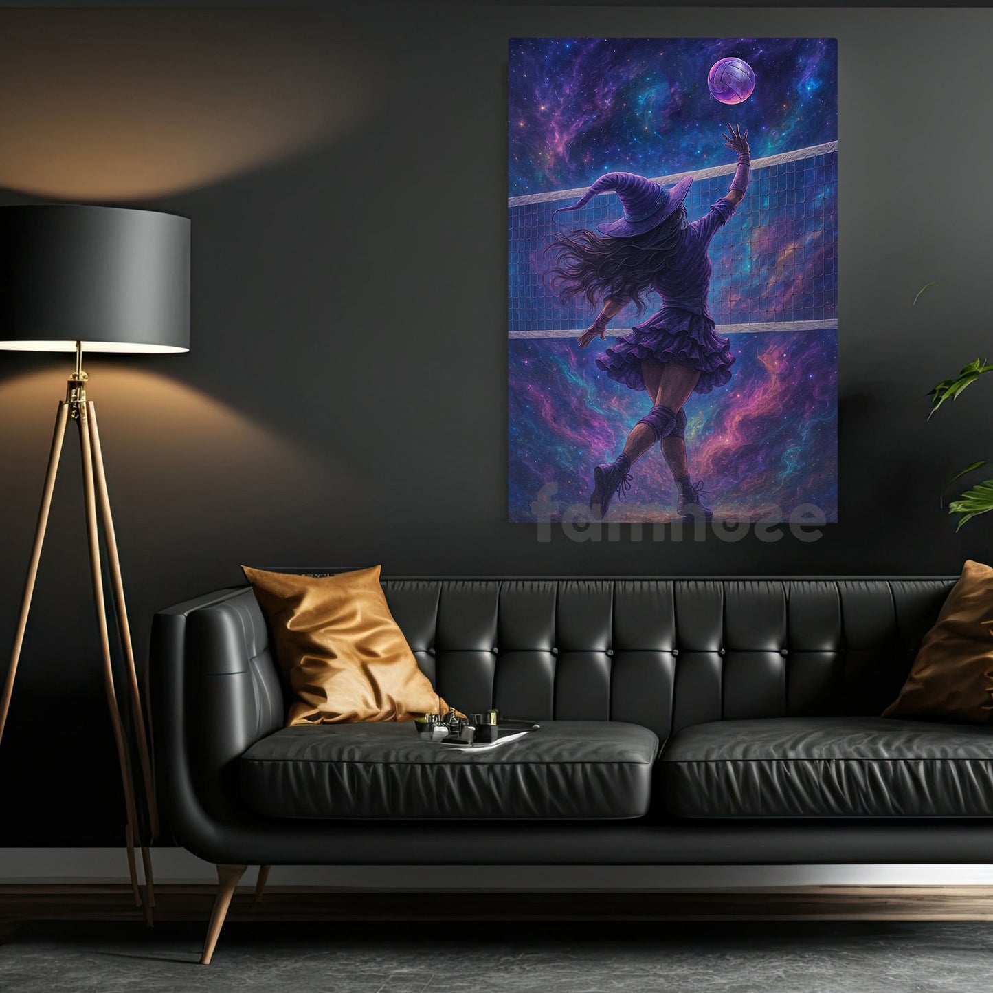 Halloween Volleyball Witch Canvas Painting, Volleyball Witch In Space Wall Art Decor Spooky Season Poster Gift For Volleyball Lovers