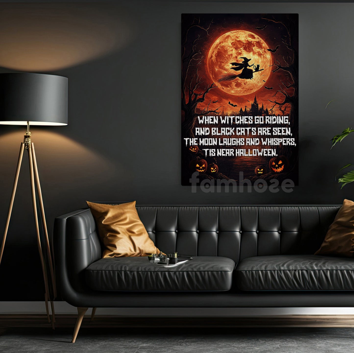 Halloween Witch & Black Cat Canvas Painting, When Witches Go Riding Wall Art Decor, Spooky Season Poster Gift For Witch Lovers