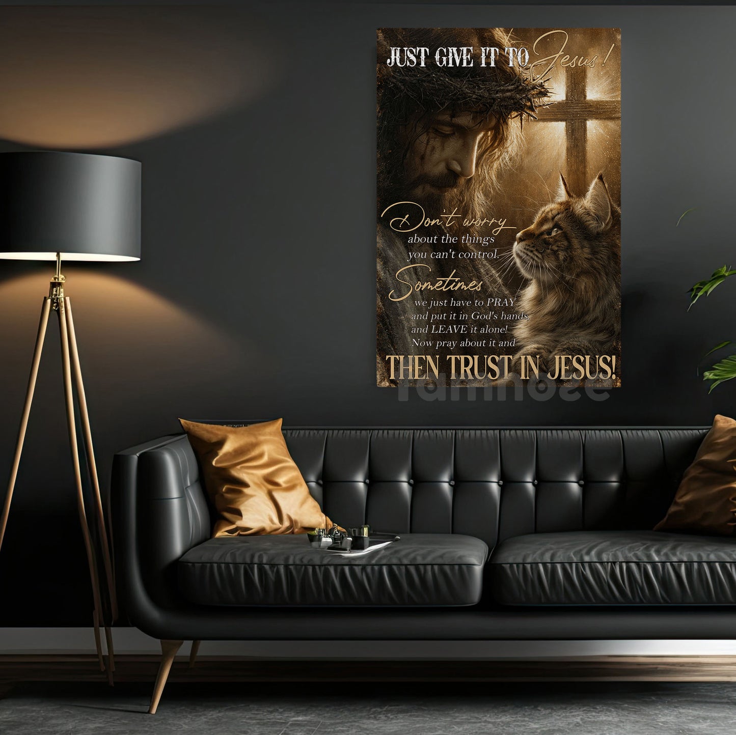 God & Cat Canvas Painting, Just Give It To Jesus Wall Art Decor, Poster Gift For Christians, Cat Lover