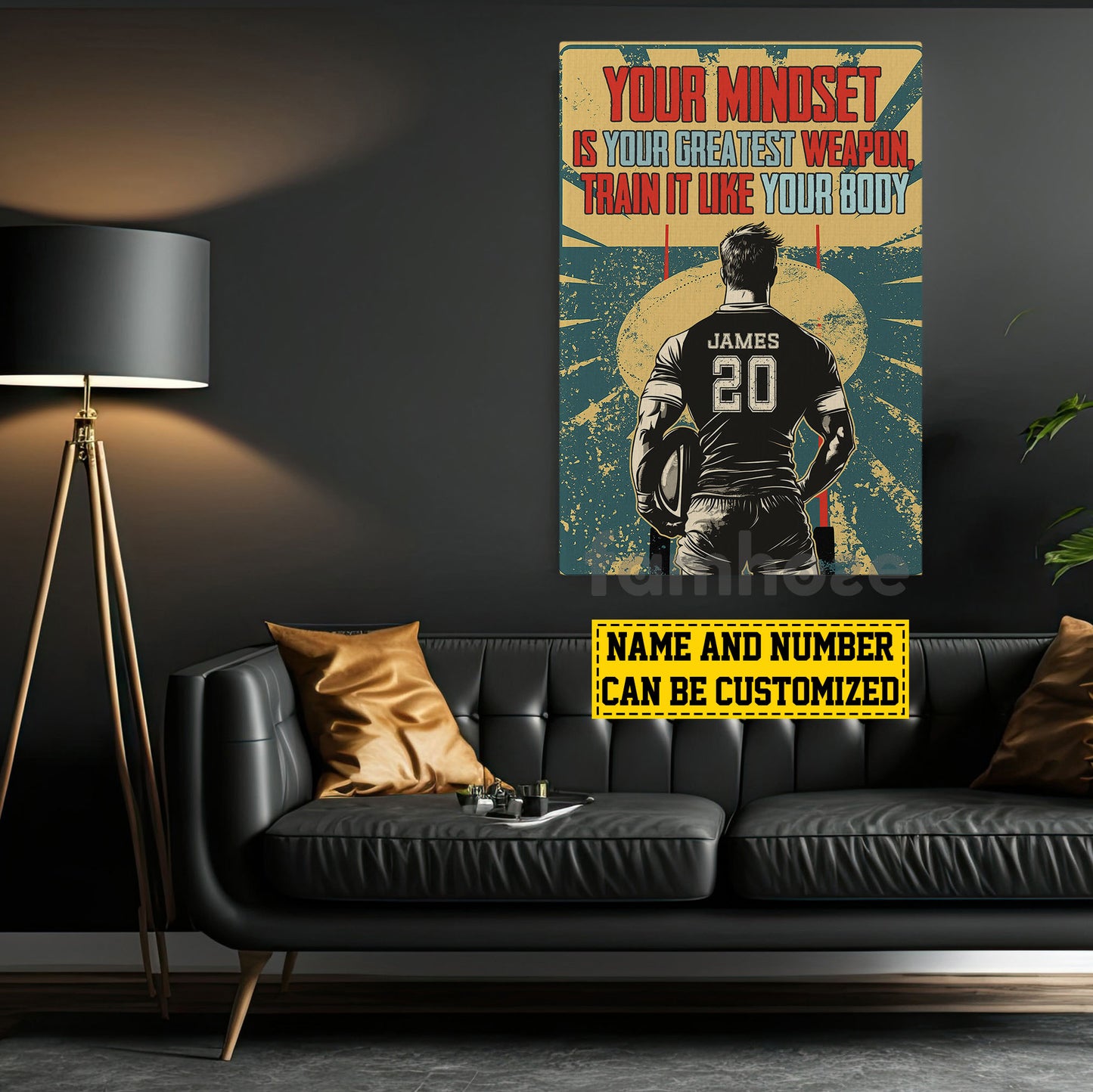 Motivational Personalized Rugby Man Canvas Painting, Your Mindset Is Your Greatest Weapon Sport Wall Art Decor, Poster Gift For Rugby Lovers