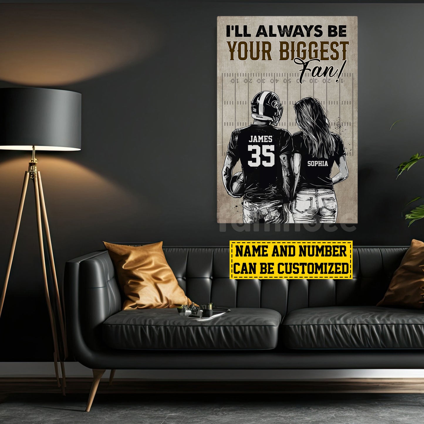 Romantic Personalized Football Couple Canvas Painting, I'll Always Be Your Biggest Fan Sports Wall Art Decor, Valentine's Day Poster Gift For Football-Loving Couple