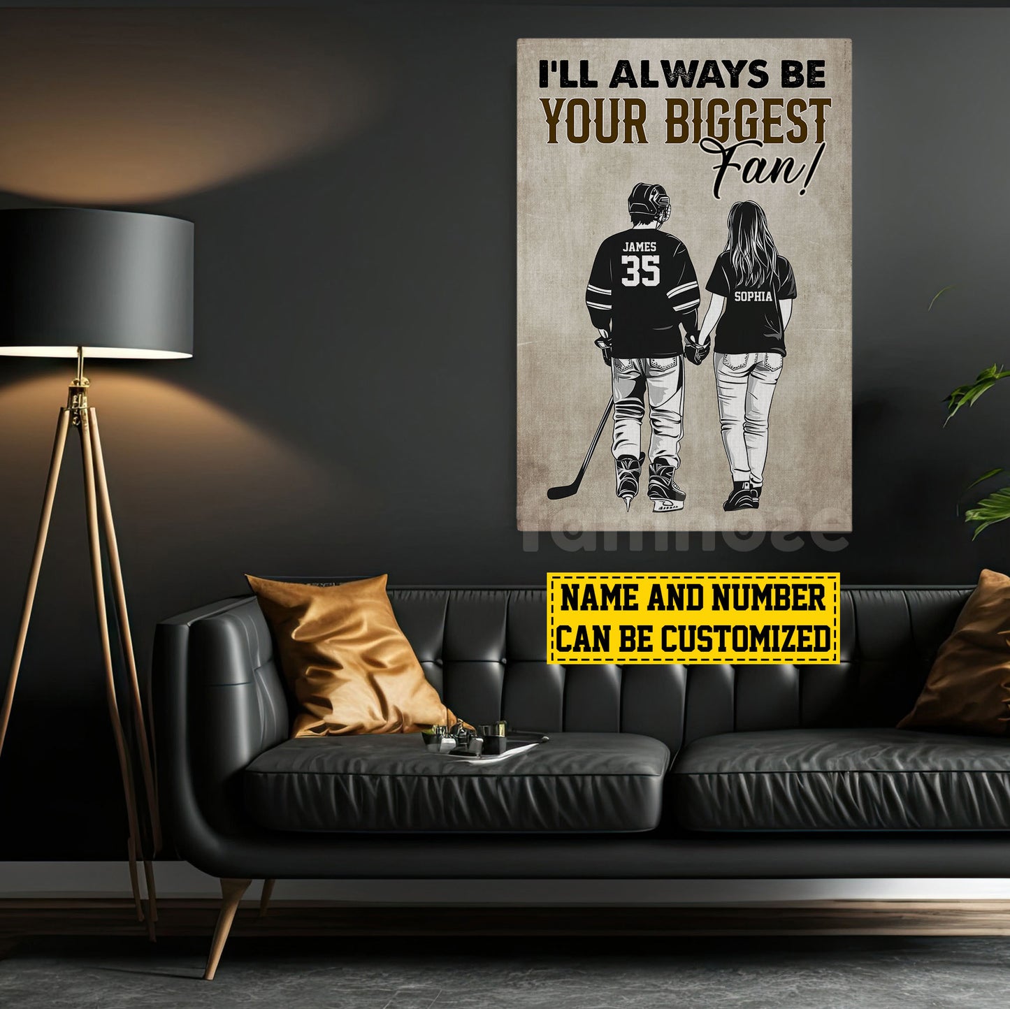 Romantic Personalized Hockey Couple Canvas Painting, I'll Always Be Your Biggest Fan Sports Wall Art Decor, Valentine's Day Poster Gift For Hockey-Loving Couple