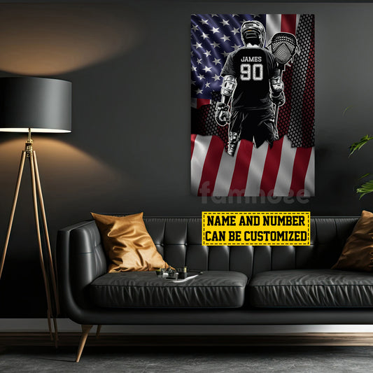 Personalized Lacrosse Goalie Boy Canvas Painting, Pose With USA Flag, Wall Art Decor, Poster Gift For Lacrosse Goalie Lovers