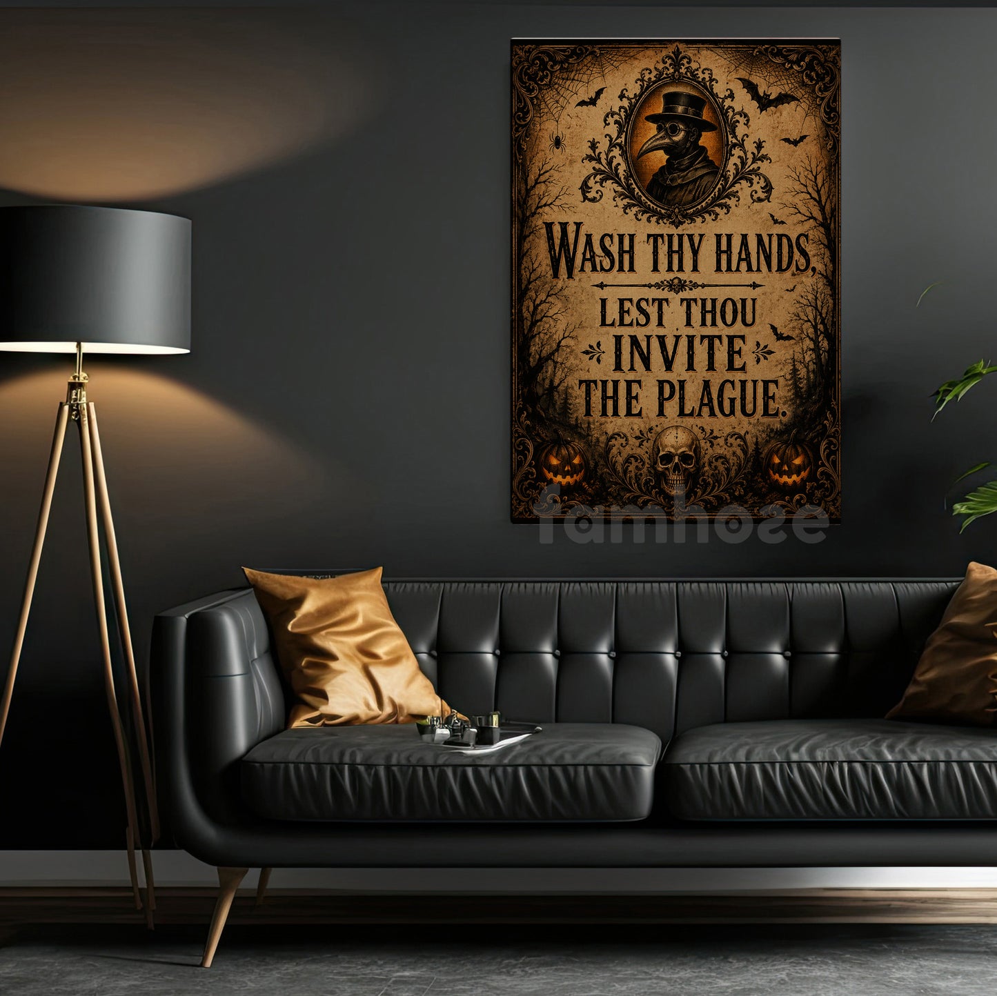 Halloween Wash Hands Toilet Canvas Painting, Lest Thou Invite The Plague Bathroom Wall Art Decor, Spooky Season Restroom Poster Gift Plague Doctor Lover