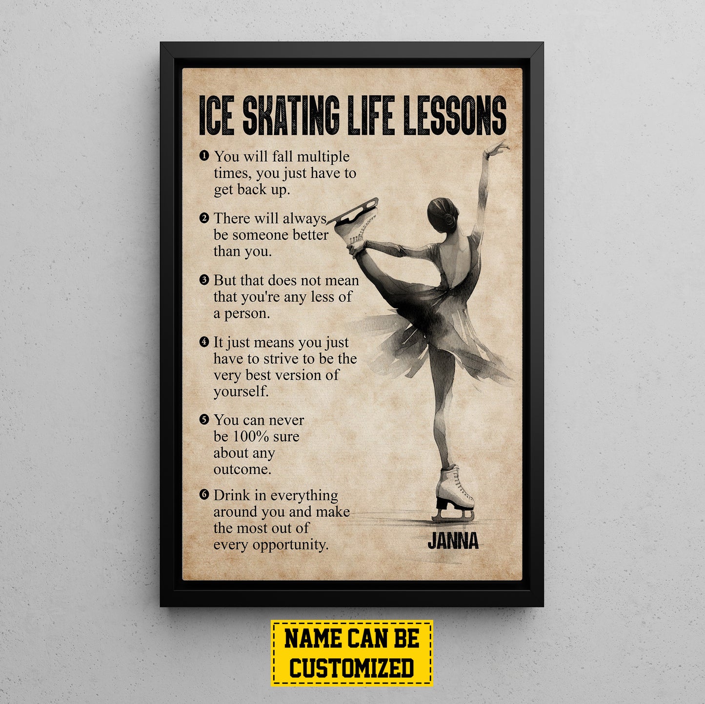 Ice Skating Life Lessons, Personalized Motivational Ice Skating Girl Canvas Painting, Inspirational Quotes Wall Art Decor, Poster Gift For Ice Skating Woman Lovers