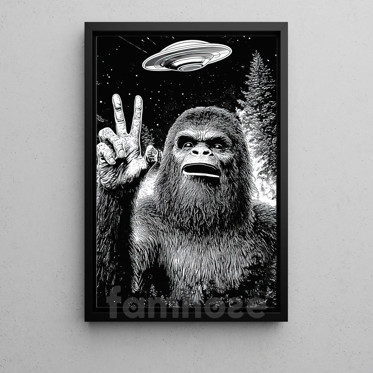 Funny Bigfoot UFO Illustration Canvas Painting, Sasquatch Alien Encounter Wall Art Decor, Poster Gift For Bigfoot Lover