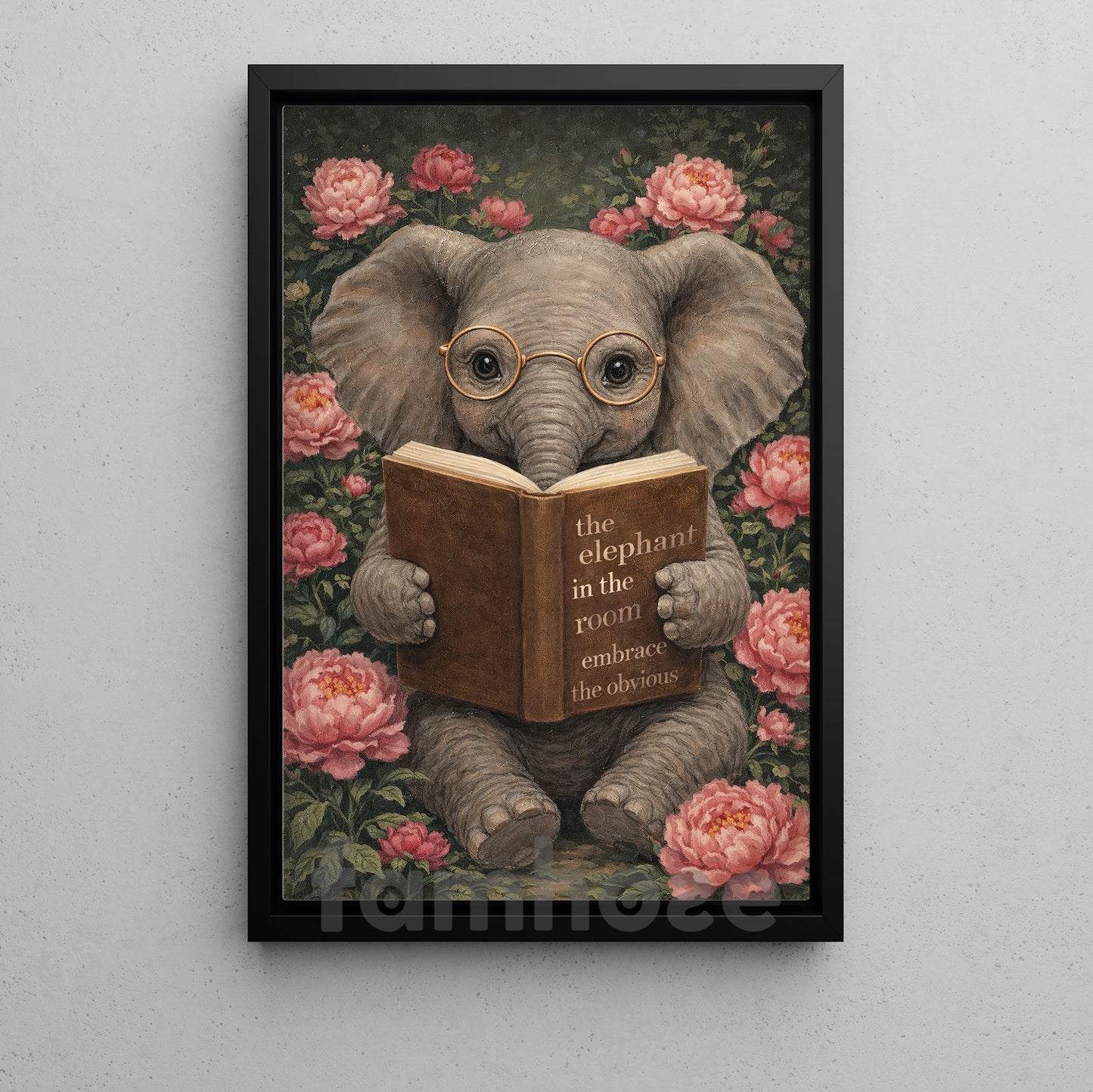 Cute Reading Elephant Canvas Painting, Bookworm Elephant Wall Art Decor, Poster Gift For Reading Lovers