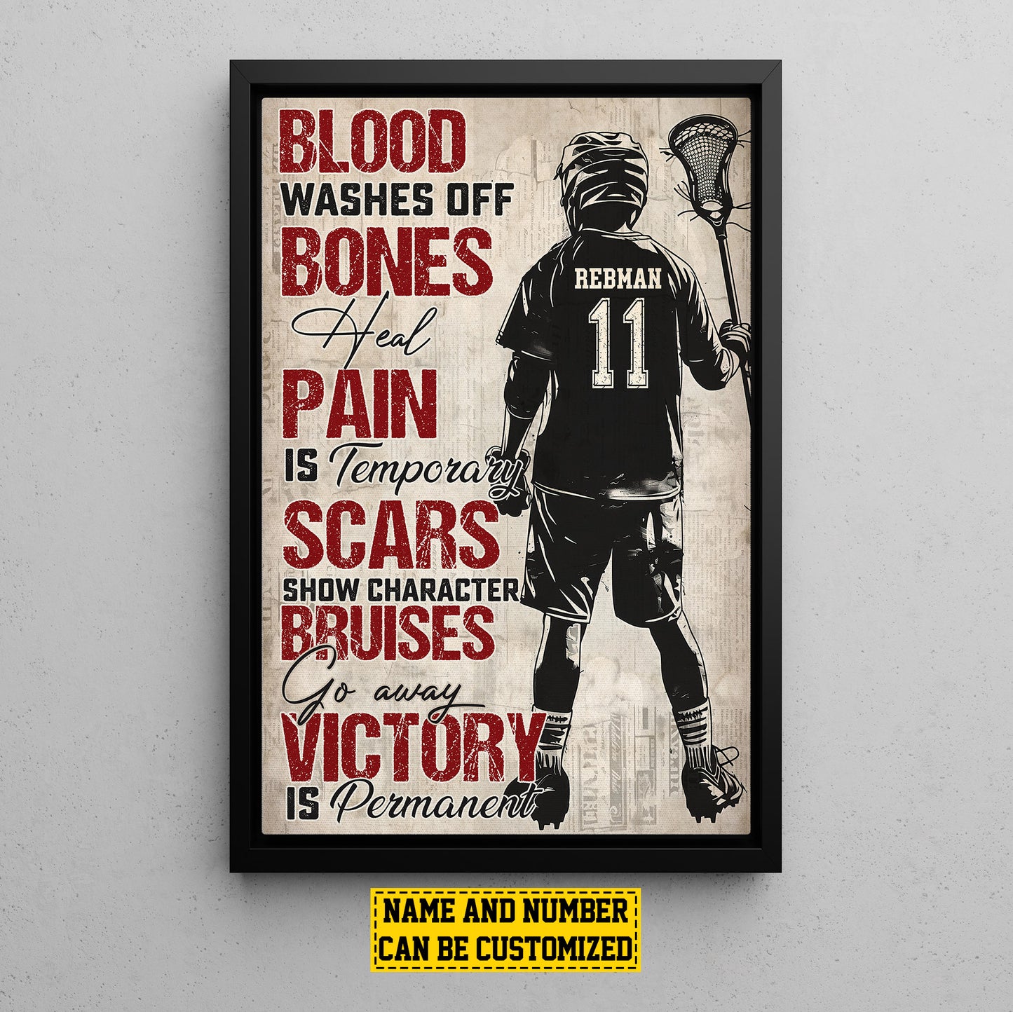 Personalized Motivational Lacrosse Canvas Painting, Blood Bones Pain Scars Victory, Sports Quotes Wall Art Decor, Poster Gift For Lacrosse Lovers, Lacrosse Boys