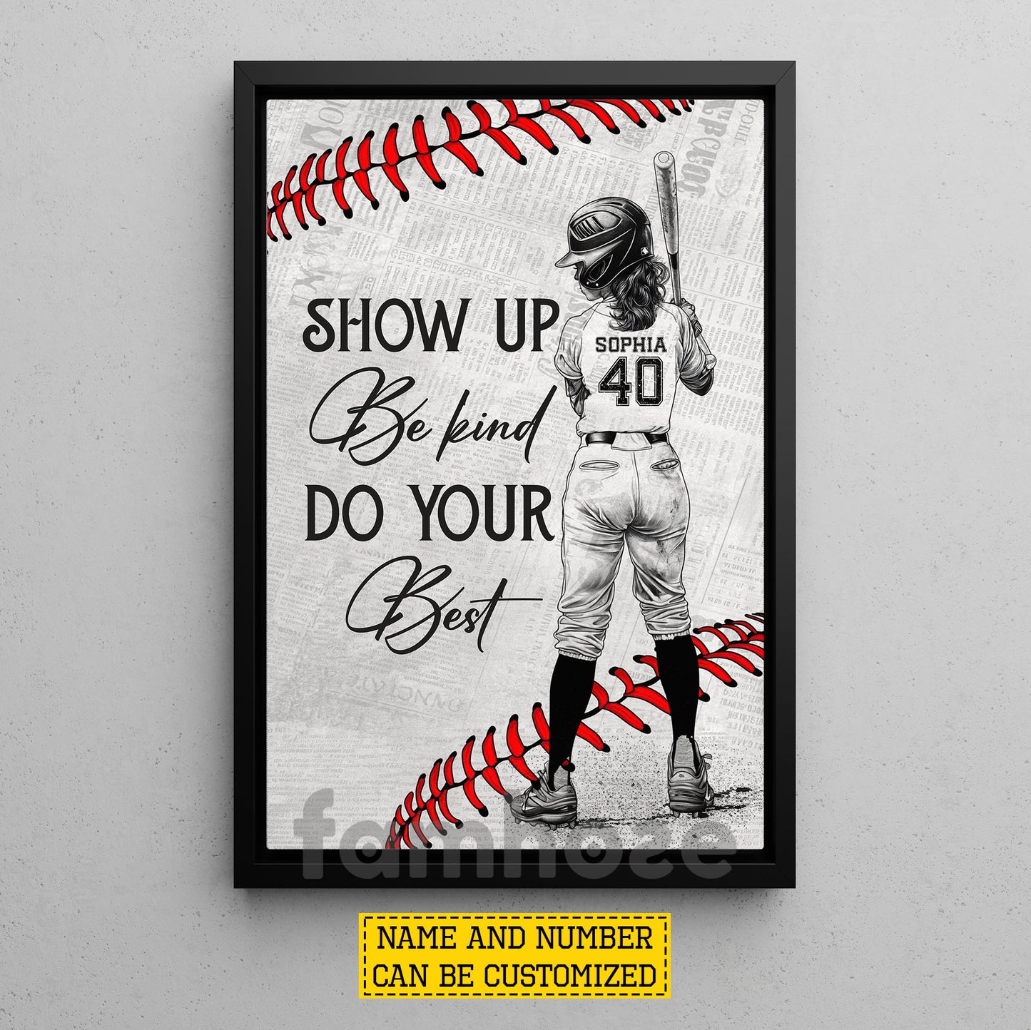 Personalized Softball Kid Girl Canvas Painting, Show Up Be Kind Do Your Best Sport Wall Art Decor, Poster Gift For Softball Lovers