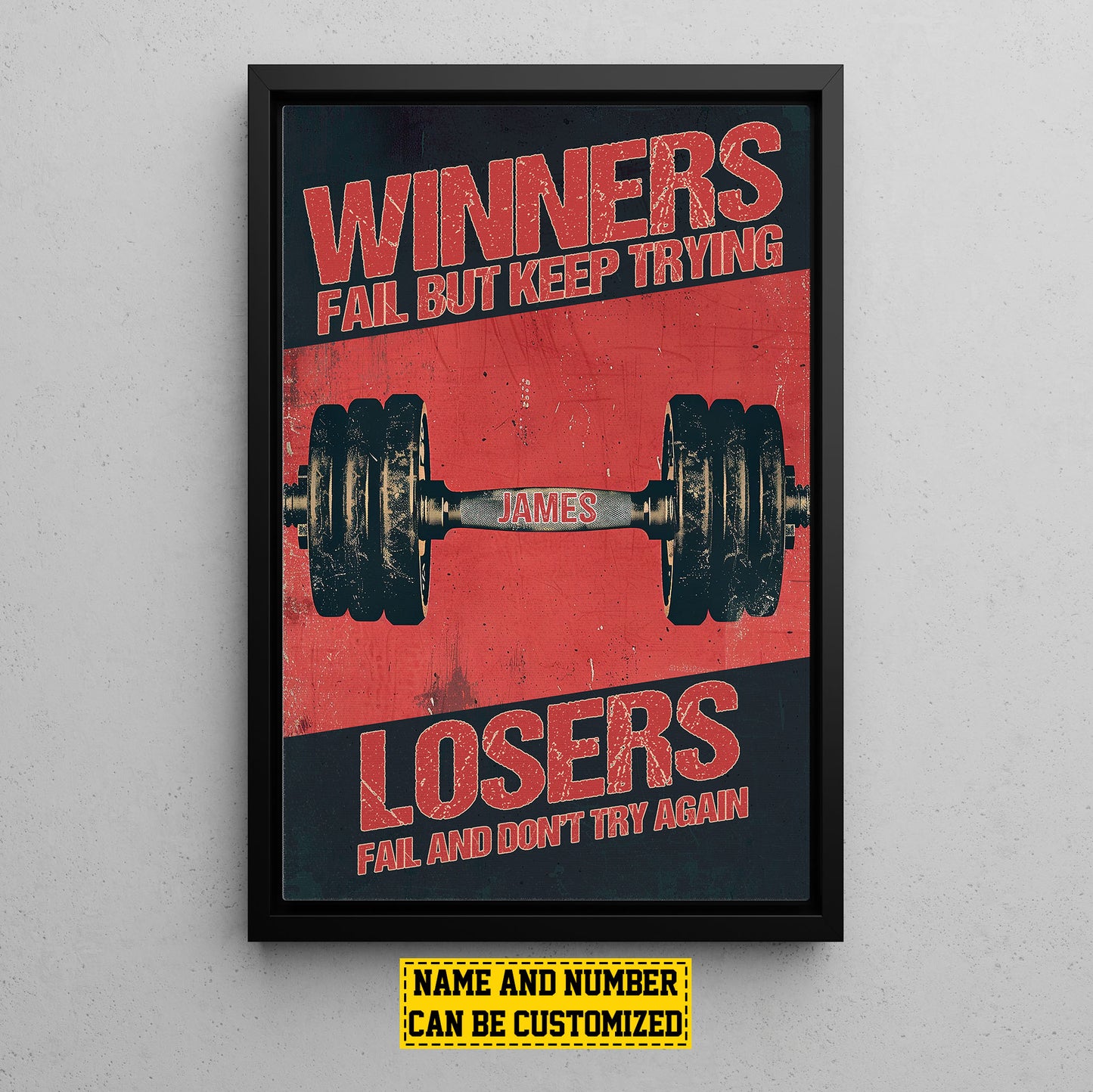 Personalized Gym Canvas Painting, Sports Quotes Wall Art Decor, Winners Fail But Keep Trying Poster Gift For Gym Lovers