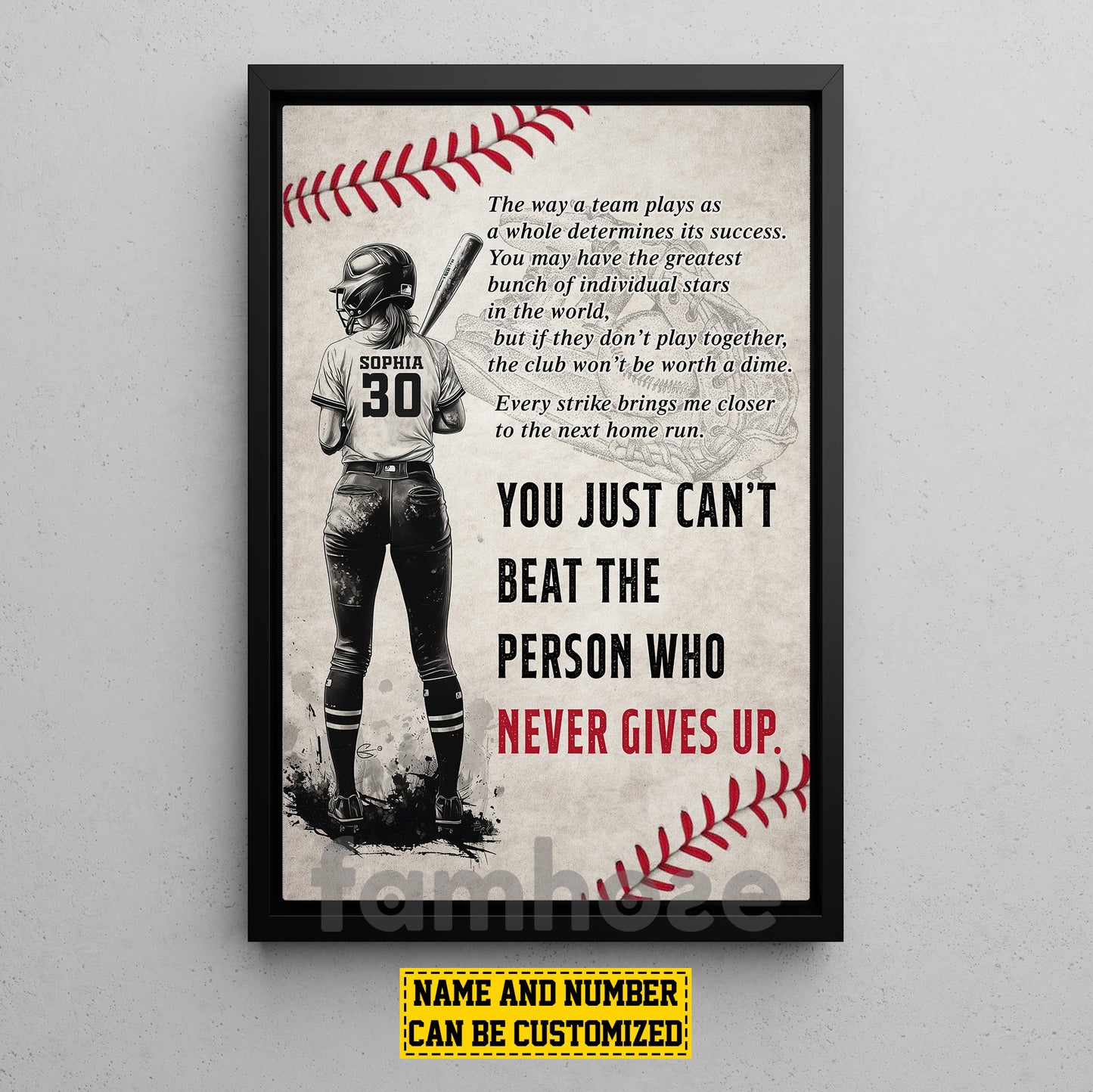 Personalized Softball Girl Canvas Painting, You Just Can't Beat The Person Who Never Gives Up Sport Wall Art Decor, Poster Gift For Softball Lovers