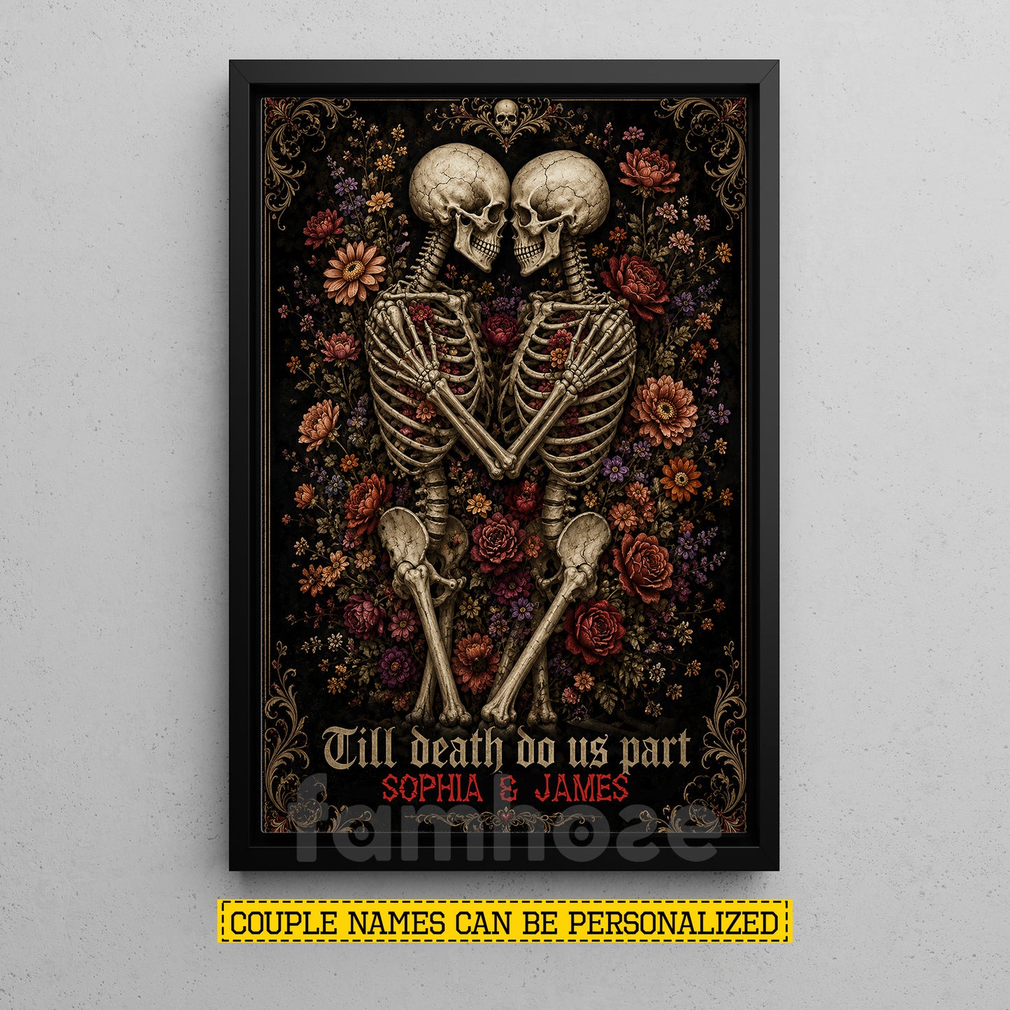 Personalized Halloween Skeleton Couple Canvas Painting, Till Death Do Us Part Wall Art Decor, Spooky Season Poster Gift For Couple