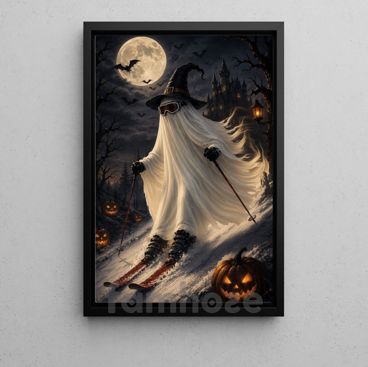 Halloween Skiing Ghost Canvas Painting, No Body, No Problem, Just Ski Wall Art Decor, Spooky Season Poster Gift For Skiing Lover