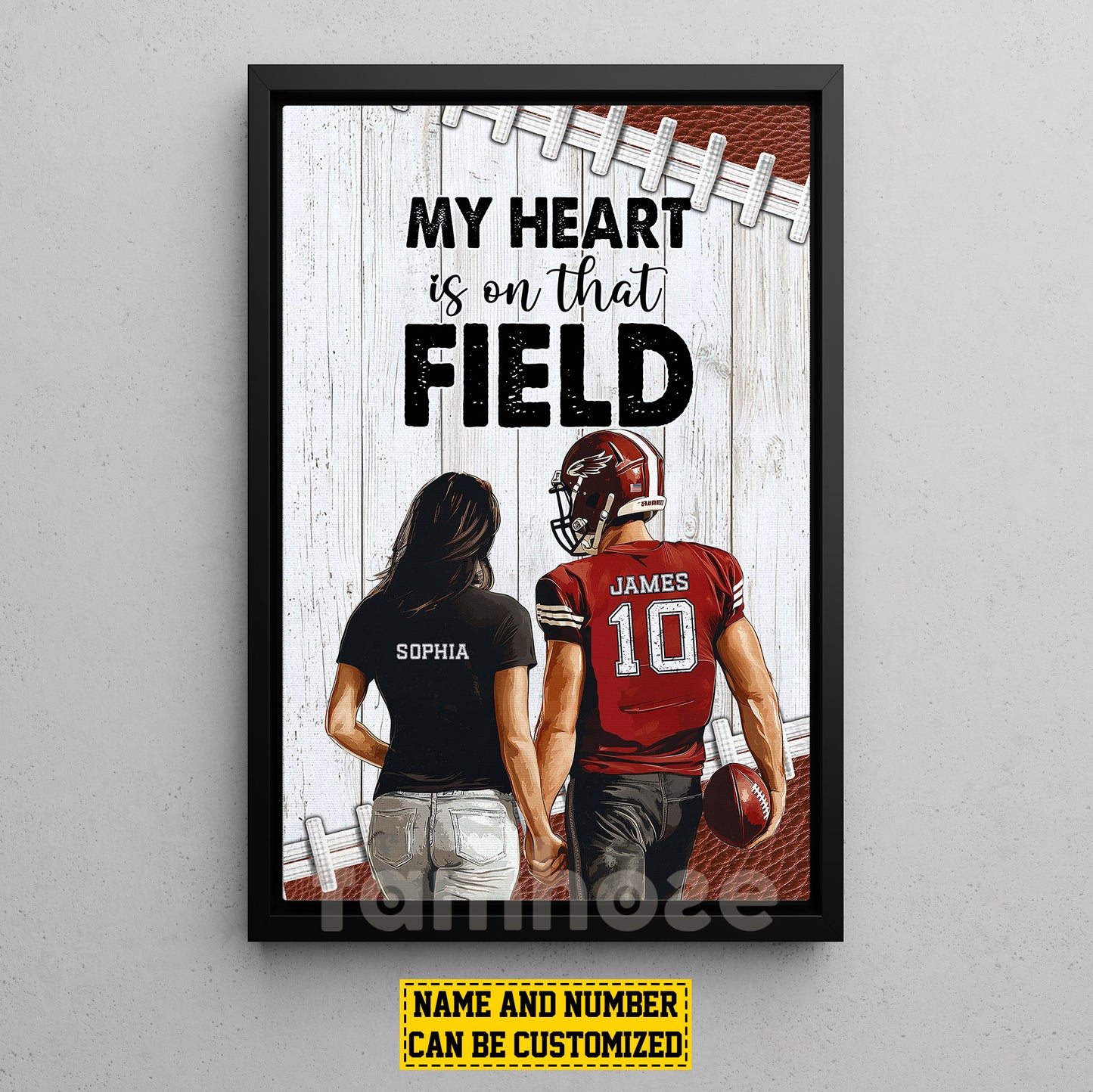 Romantic Personalized Football Couple Canvas Painting, My Heart Is On That Field Sports Wall Art Decor, Valentine's Day Poster Gift For Football-Loving Couple