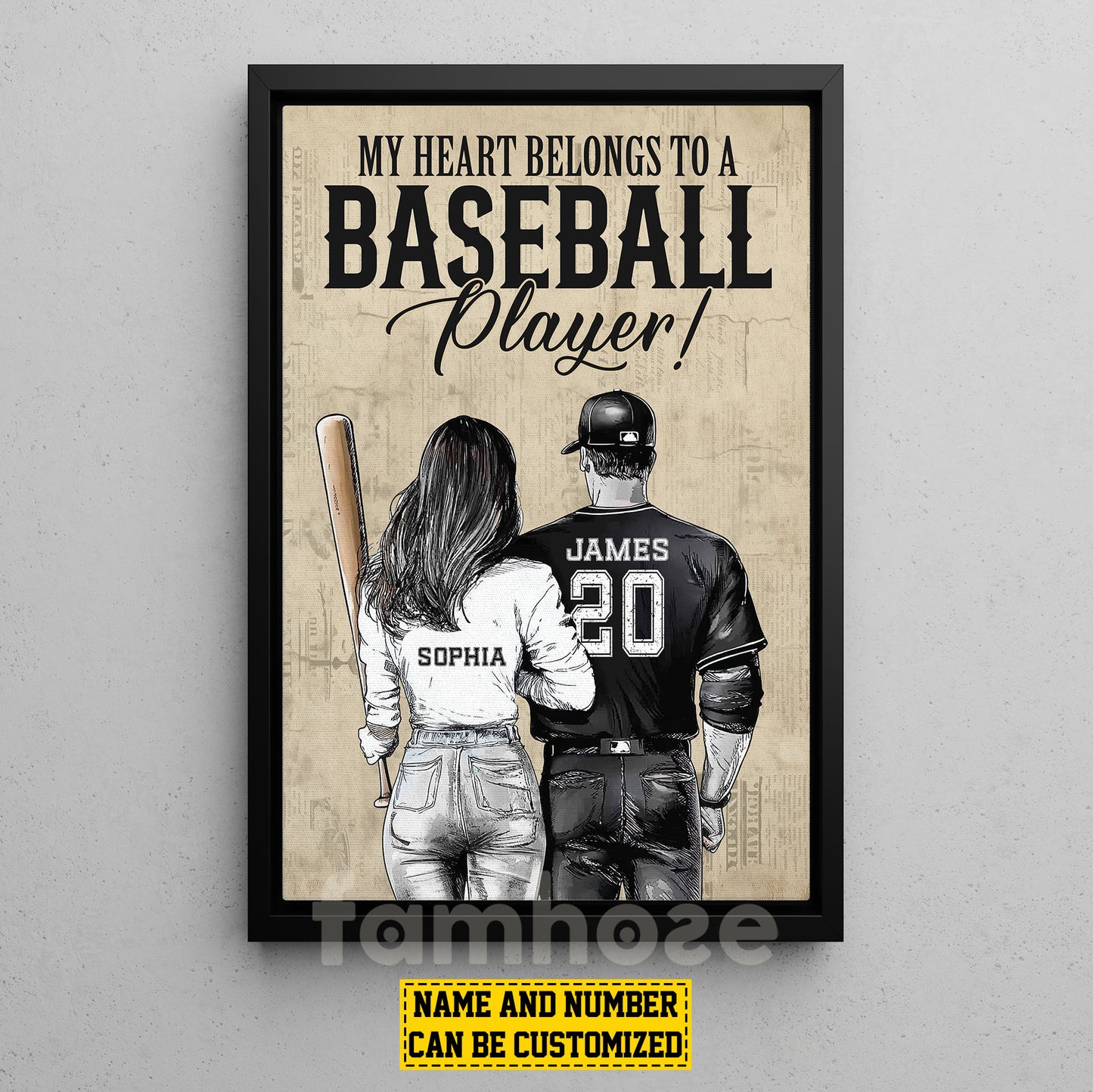 Romantic Personalized Couple Baseball Canvas Painting, My Heart Belongs To A Baseball Player Wall Art Decor, Poster Valentine's Day Gift For Baseball-Loving Couple