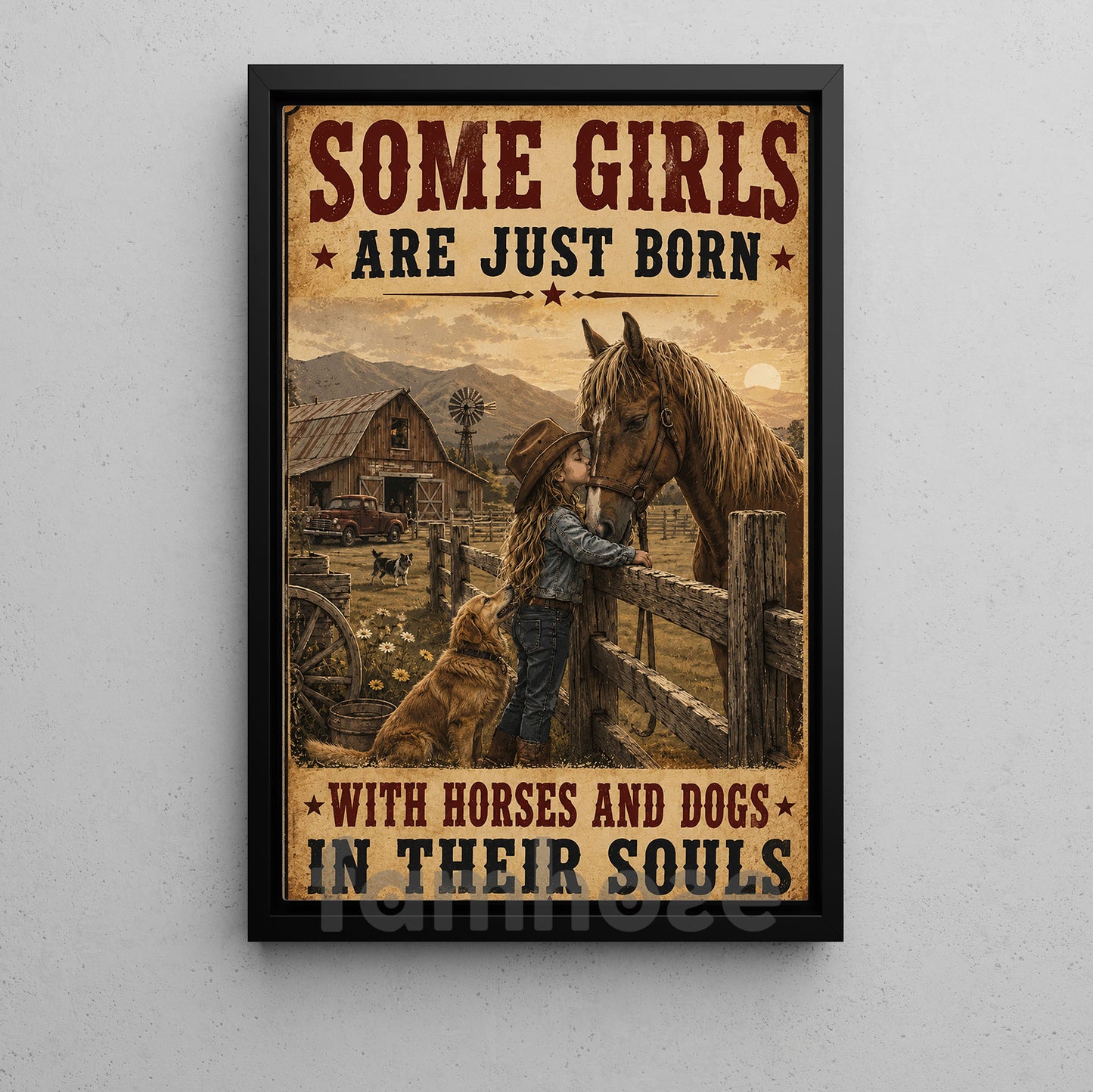 Cowgirl Girl Horse Dog Canvas Painting, Some Girls Are Just Born Wall Art Decor, Poster Gift For Cowgirl