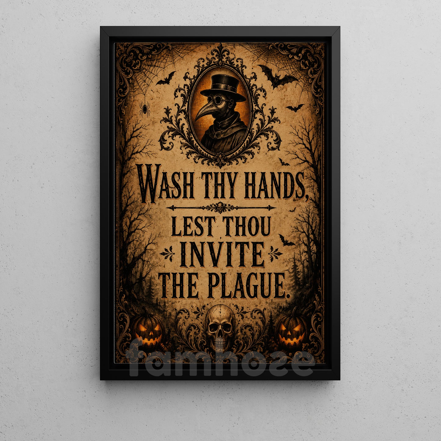 Halloween Wash Hands Toilet Canvas Painting, Lest Thou Invite The Plague Bathroom Wall Art Decor, Spooky Season Restroom Poster Gift Plague Doctor Lover