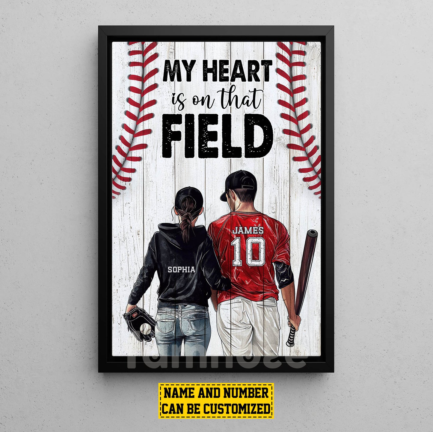 Romantic Personalized Couple Baseball Canvas Painting, My Heart Is On That Field Player Wall Art Decor, Poster Valentine's Day Gift For Baseball-Loving Couple