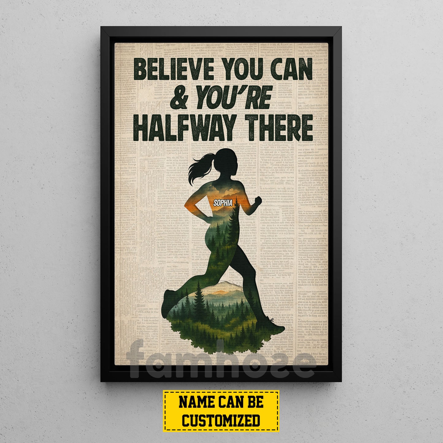 Motivational Personalized Running Woman Canvas Painting, Believe You Can & You're Halfway There Sports Wall Art Decor, Poster Gift For Running Lovers