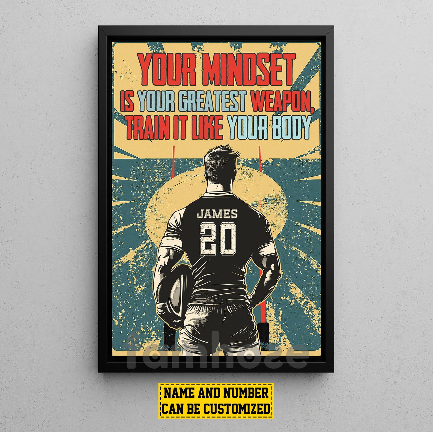 Motivational Personalized Rugby Man Canvas Painting, Your Mindset Is Your Greatest Weapon Sport Wall Art Decor, Poster Gift For Rugby Lovers