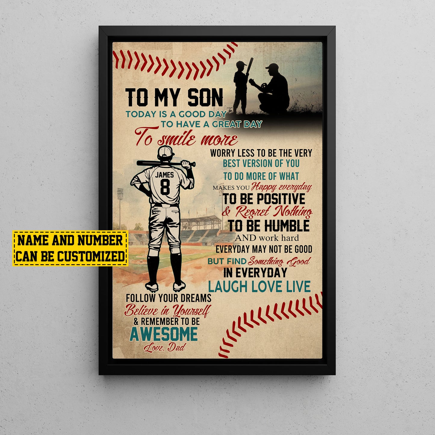 Personalized Baseball Canvas Painting, To My Son Smile More Worry Less, Sports Quotes Wall Art Decor, Poster Gift For Baseball Lovers, Gift For Son From Dad