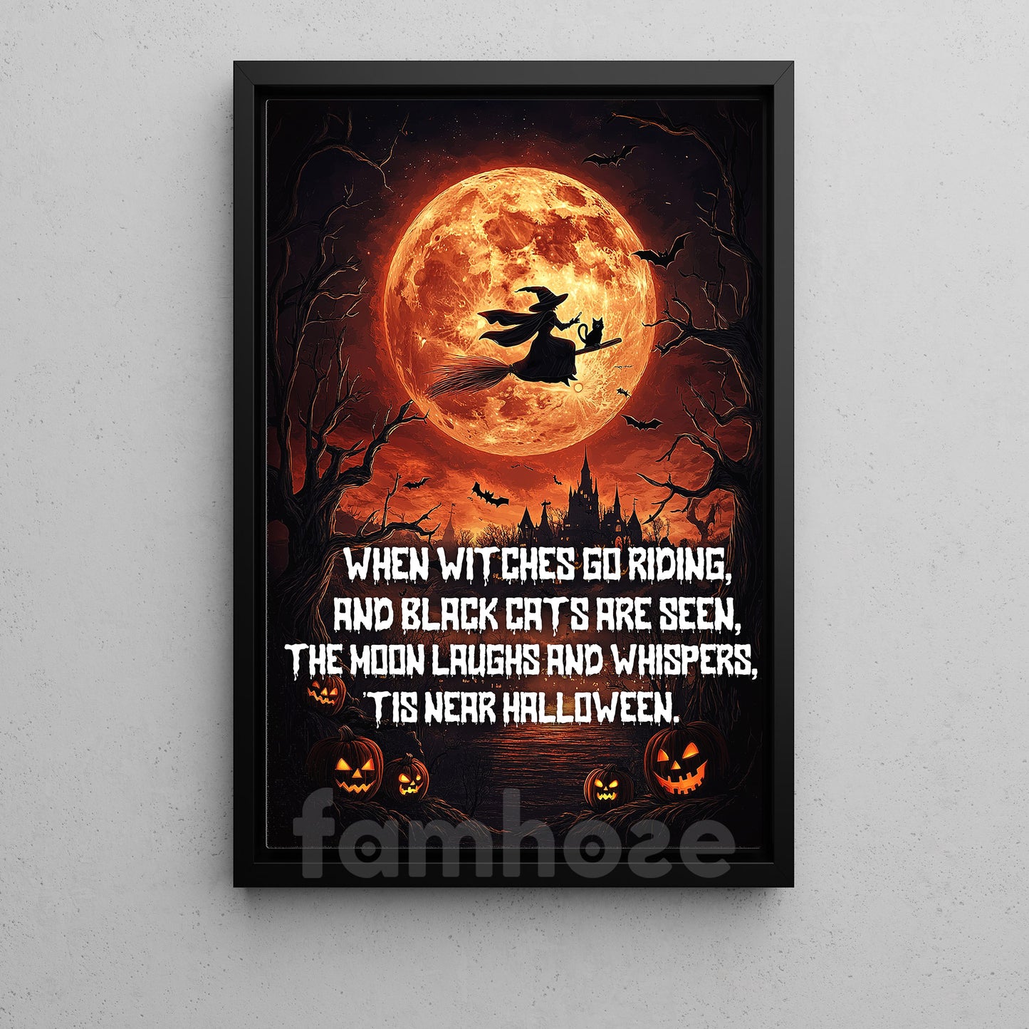 Halloween Witch & Black Cat Canvas Painting, When Witches Go Riding Wall Art Decor, Spooky Season Poster Gift For Witch Lovers