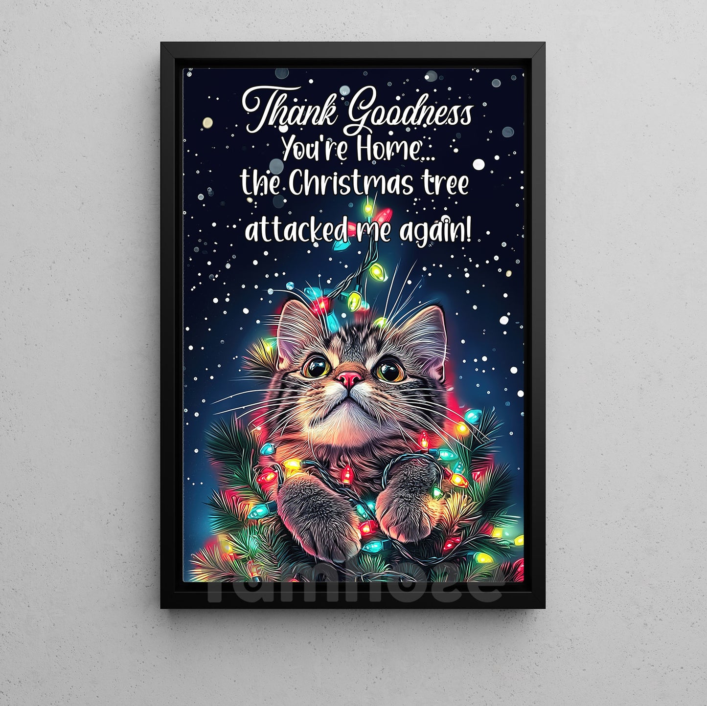 Funny Christmas Cat Canvas Painting, Thank Godness You're Home Wall Art Decor Xmas Poster Gift For Cat Lovers