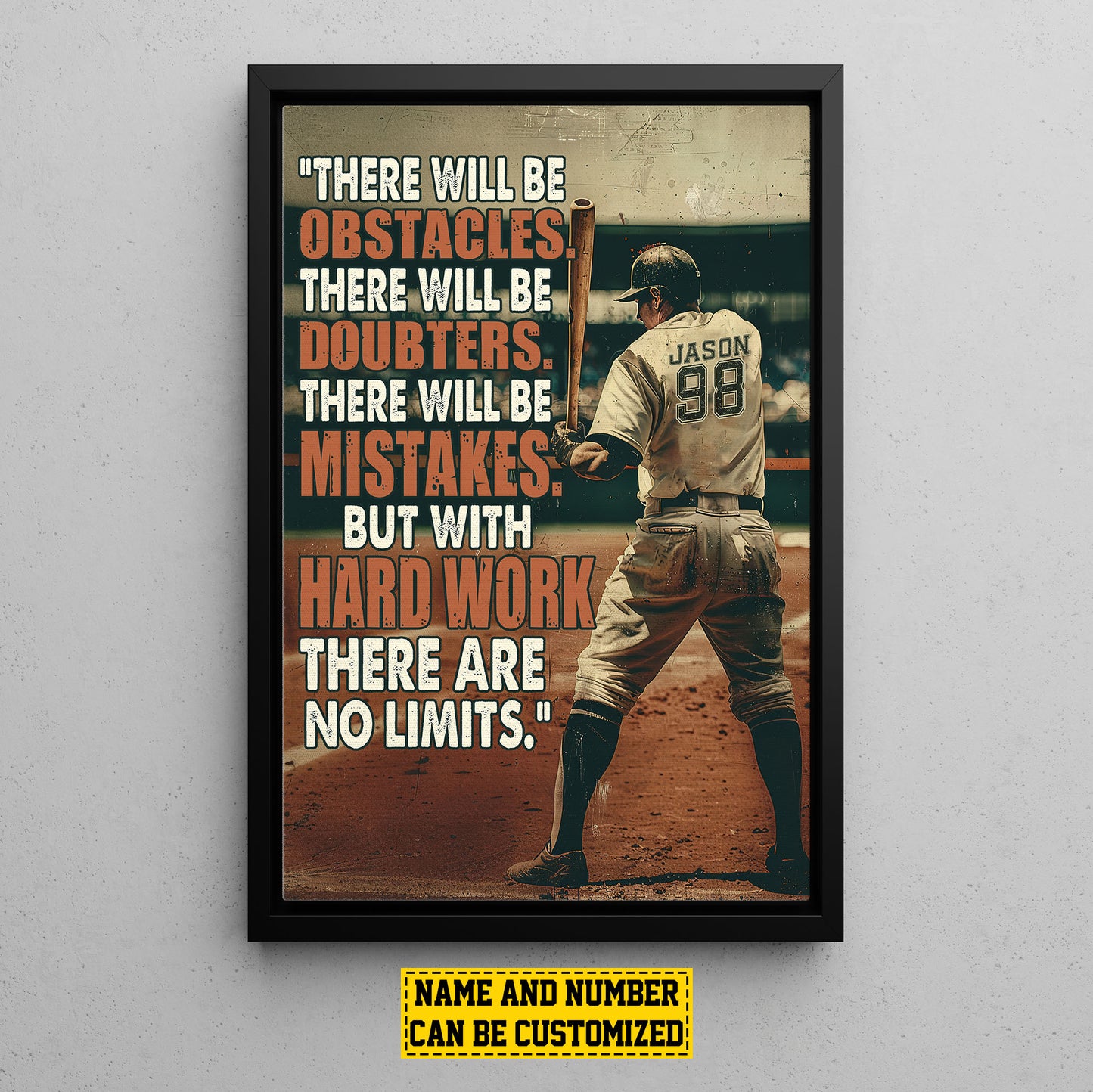 Personalized Baseball Boy Canvas Painting, Hard Work There Are No Limits, Sports Quotes Wall Art Decor, Poster Gift For Baseball Lovers, Baseball Boys