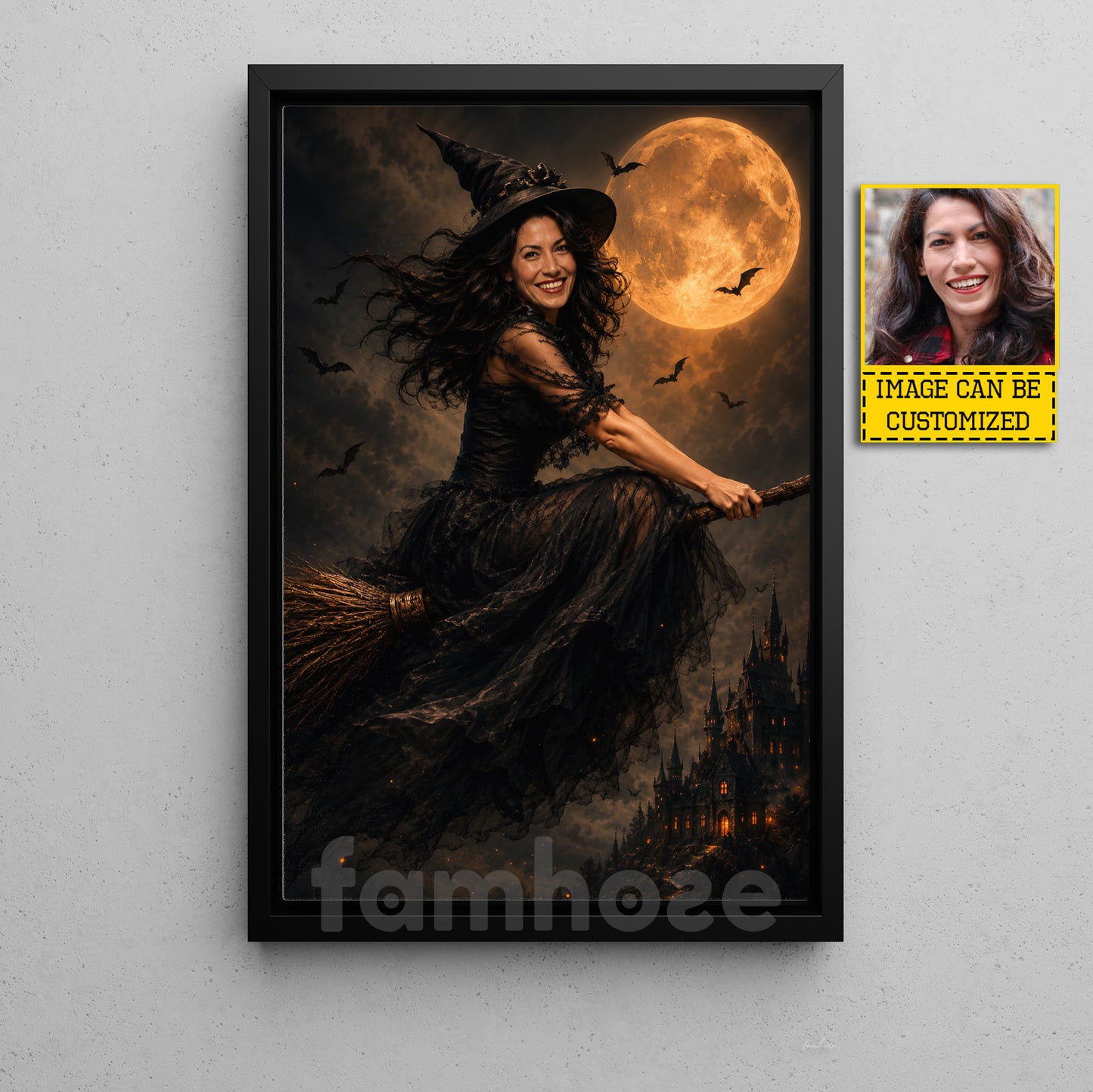 Personalized Halloween Flying Witch Canvas Painting, Fly Me To The Full Moon Wall Art Decor, Spooky Season Poster Gift For Witch Lover