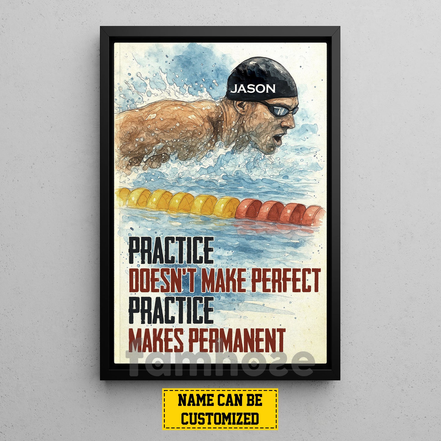 Motivational Personalized Swimming Man Canvas Painting, Practice Doesn't Make Perfect Sport Wall Art Decor, Poster Gift For Swimming Lovers