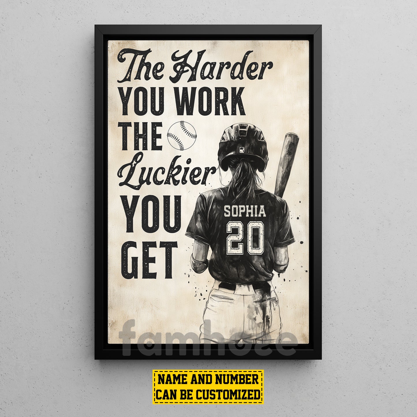 Personalized Softball Girl Canvas Painting, The Harder You Work Sport Wall Art Decor, Poster Gift For Softball Lovers
