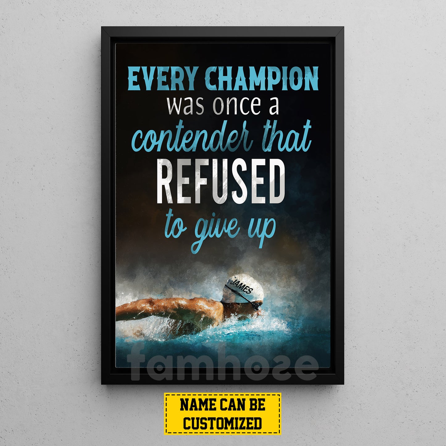 Motivational Personalized Swimming Man Canvas Painting, Every Champion Was Once A Contender Sport Wall Art Decor, Poster Gift For Swimming Lovers