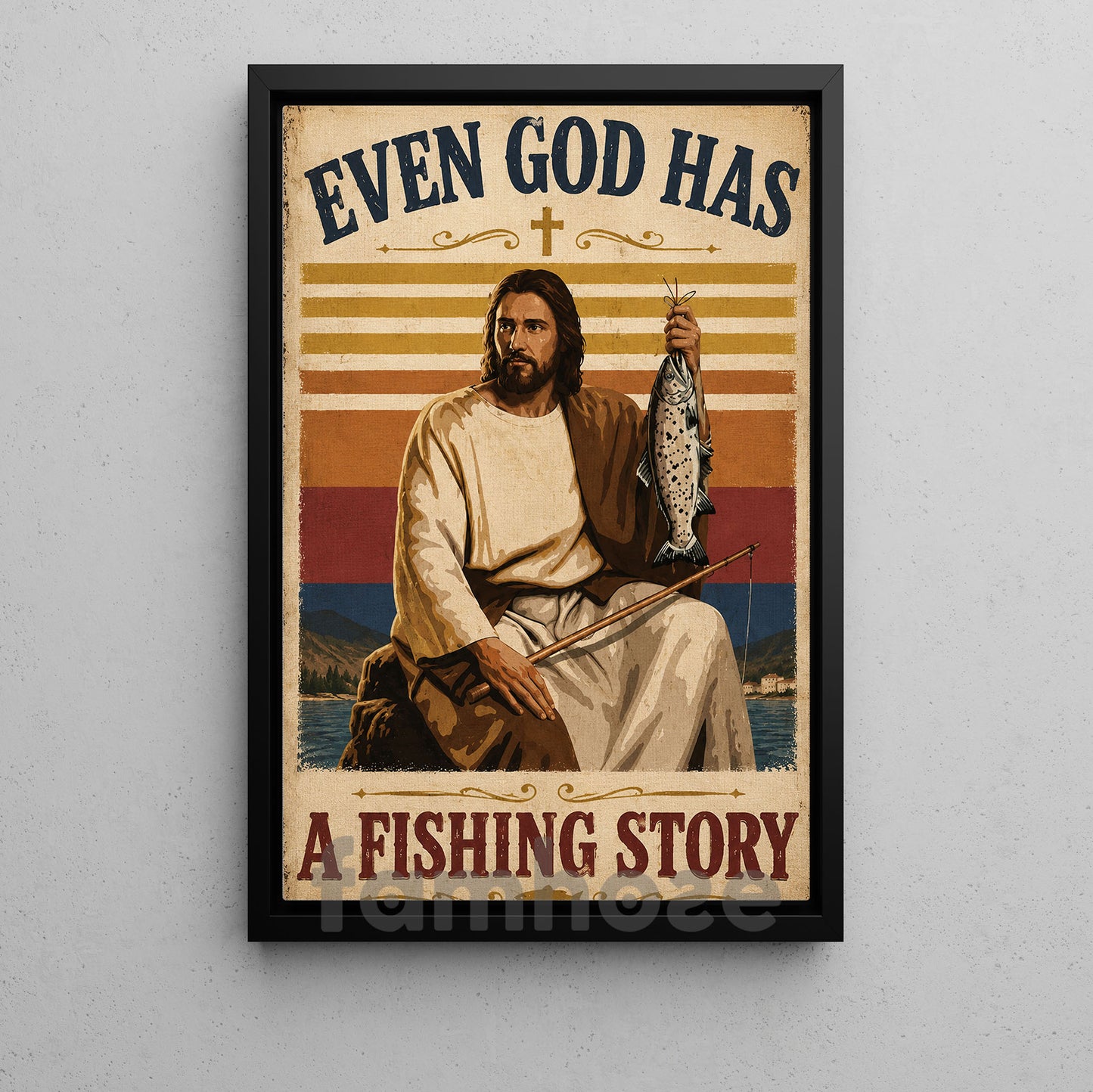 Funny Jesus Fishing Canvas Painting, Even God Has A Fishing Story Wall Art Decor, Poster Gift For Christian, Fishing Lover